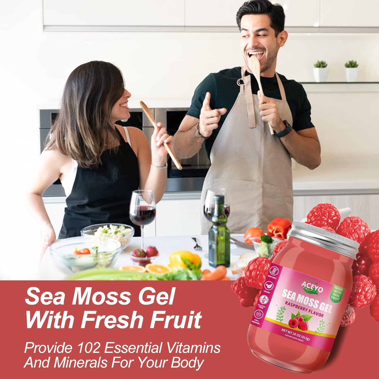 Organic Raspberry Flavored ACEYO Irish Sea Moss Gel (18 oz) - Rich in 102 Vitamins and Minerals for Immune Support, Thyroid Health, and Digestive Aid