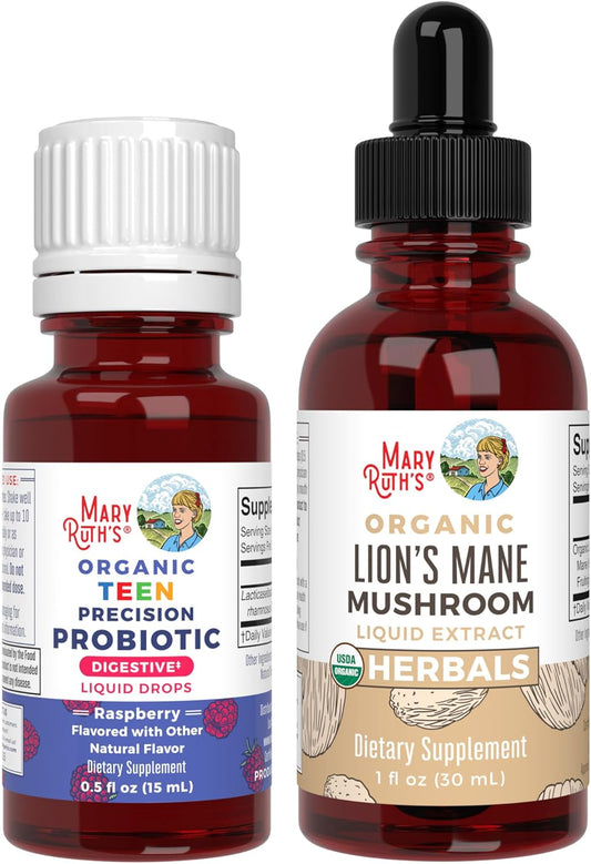 Organic Raspberry Probiotic and Lion's Mane Drops for Teens | USDA Certified | Supports Gut Health, Cognitive Function, & Wellness | Vegan & Non-GMO