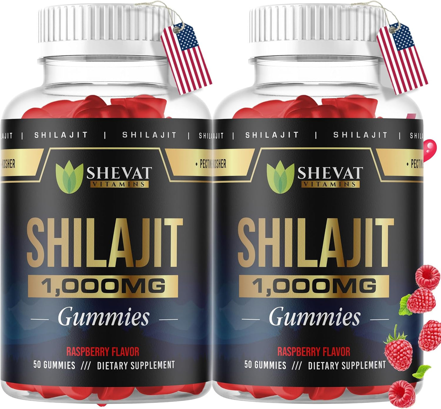 Organic Raspberry Shilajit Gummies 1000mg - Pack of 2 for Men & Women with Trace Minerals and Fulvic Acid - Non GMO Authentic SHEVAT VITAMINS