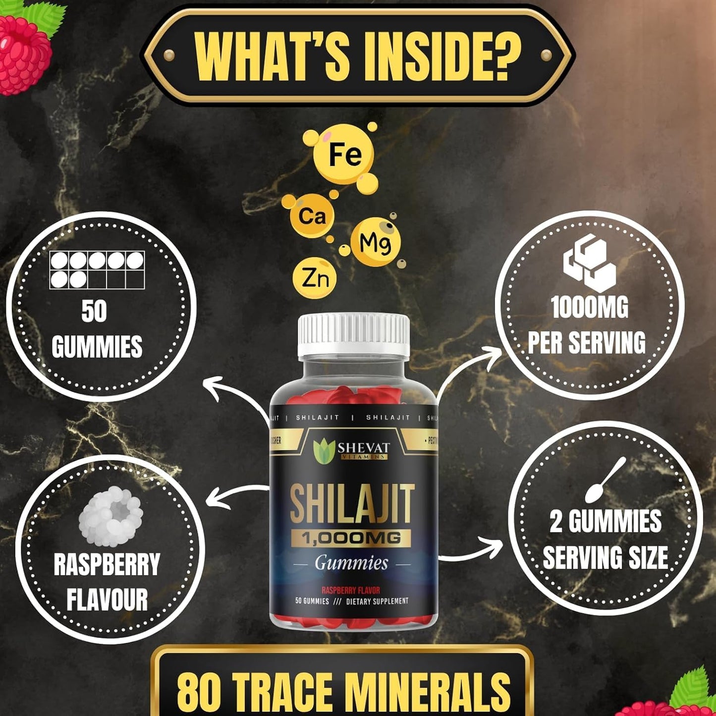 Organic Raspberry Shilajit Gummies 1000mg - Pack of 2 for Men & Women with Trace Minerals and Fulvic Acid - Non GMO Authentic SHEVAT VITAMINS