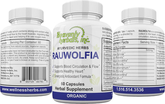 Organic Rauwolfia Capsules - Ayurvedic Herb for Heart Health - Natural Blood Circulation Support - 60 Ct Bottle