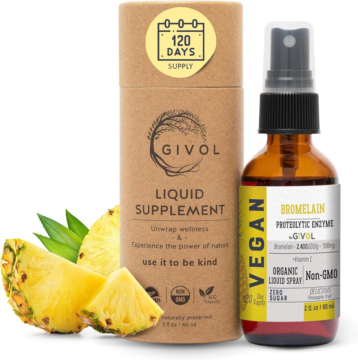 Organic Raw Bromelain Mist Liquid Pineapple Extract 500mg - Digestive Health, Inflammation, Healing - Non-GMO - 60ml 120 Day Supply