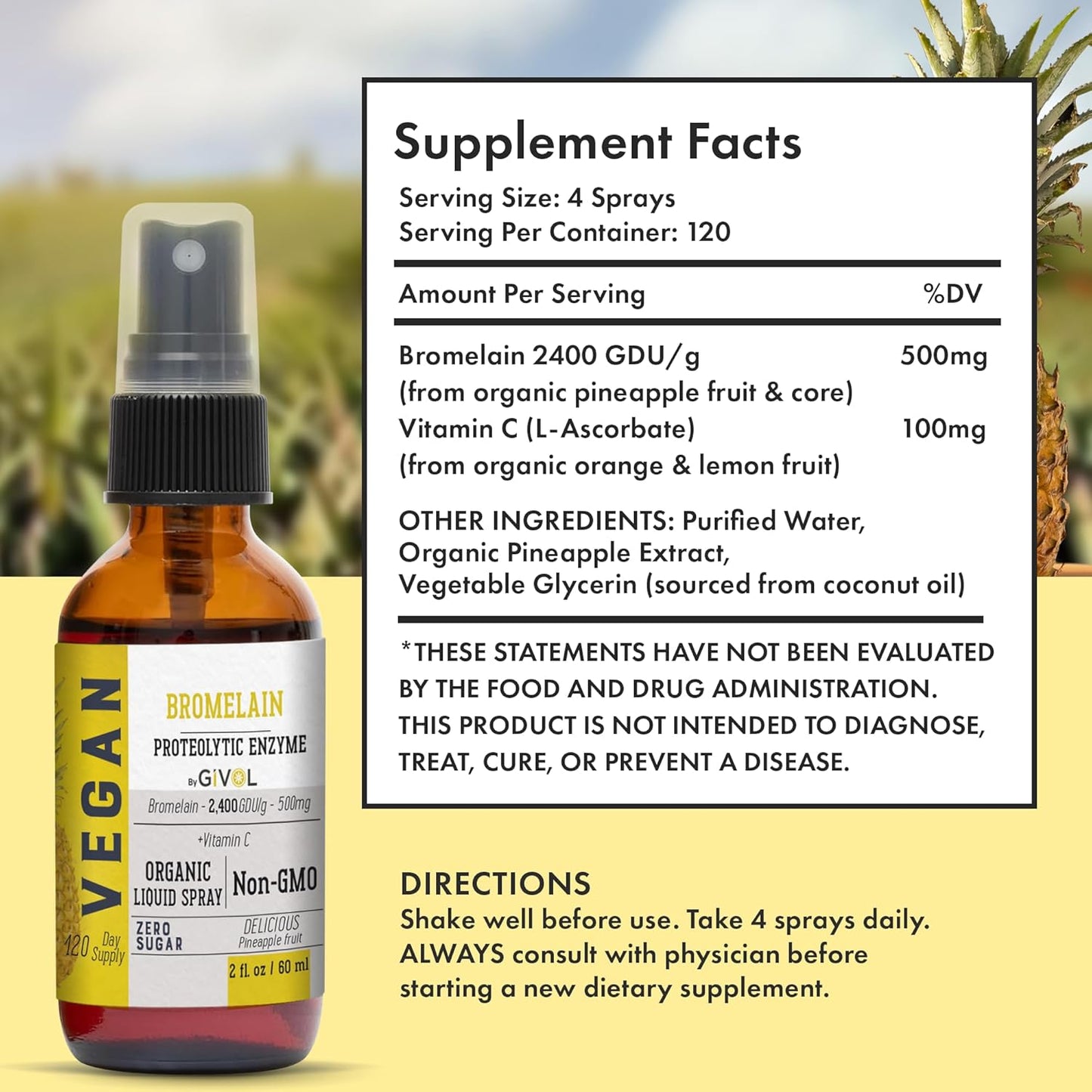 Organic Raw Bromelain Mist Liquid Pineapple Extract 500mg - Digestive Health, Inflammation, Healing - Non-GMO - 60ml 120 Day Supply