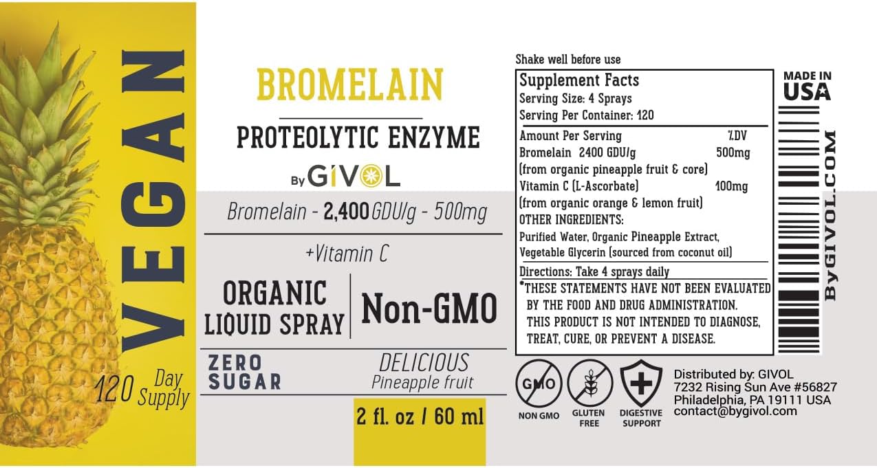 Organic Raw Bromelain Mist Liquid Pineapple Extract 500mg - Digestive Health, Inflammation, Healing - Non-GMO - 60ml 120 Day Supply