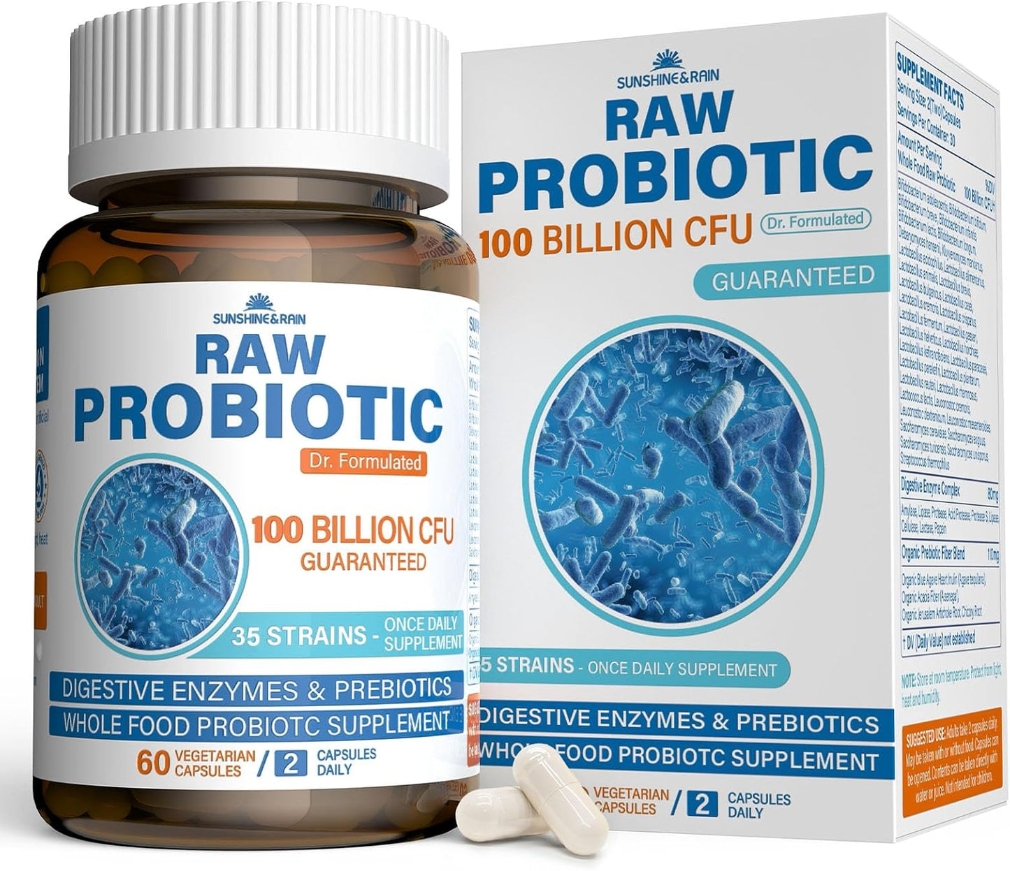 Organic Raw Probiotics with 100 Billion CFU for Digestive & Immune Health - 35 Strains, Prebiotics & Enzymes - Vegan & Non-GMO - 120 Capsules