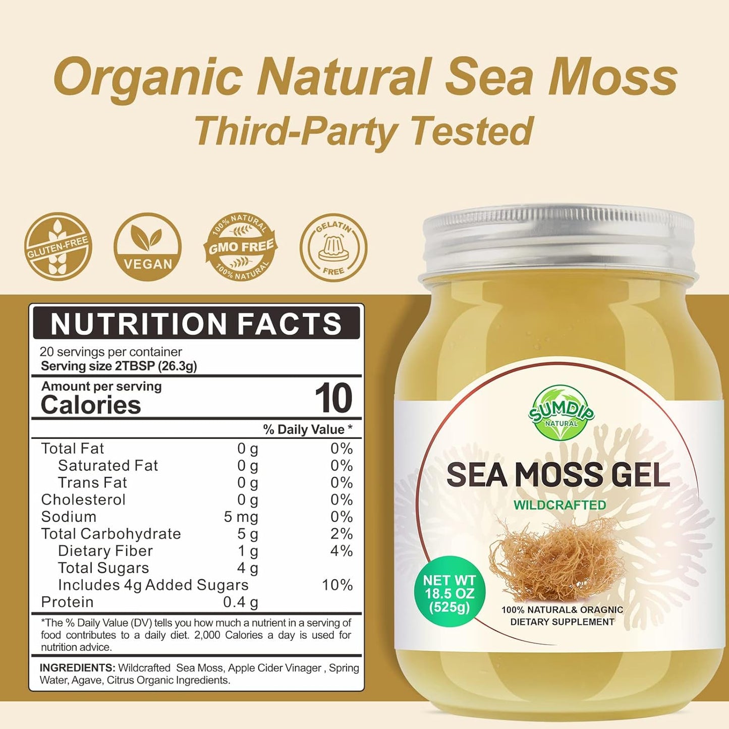 Organic Raw Sea Moss Gel 18.5oz for Immune & Digestive Support - Flavored Irish Seamoss with Vitamins & Minerals