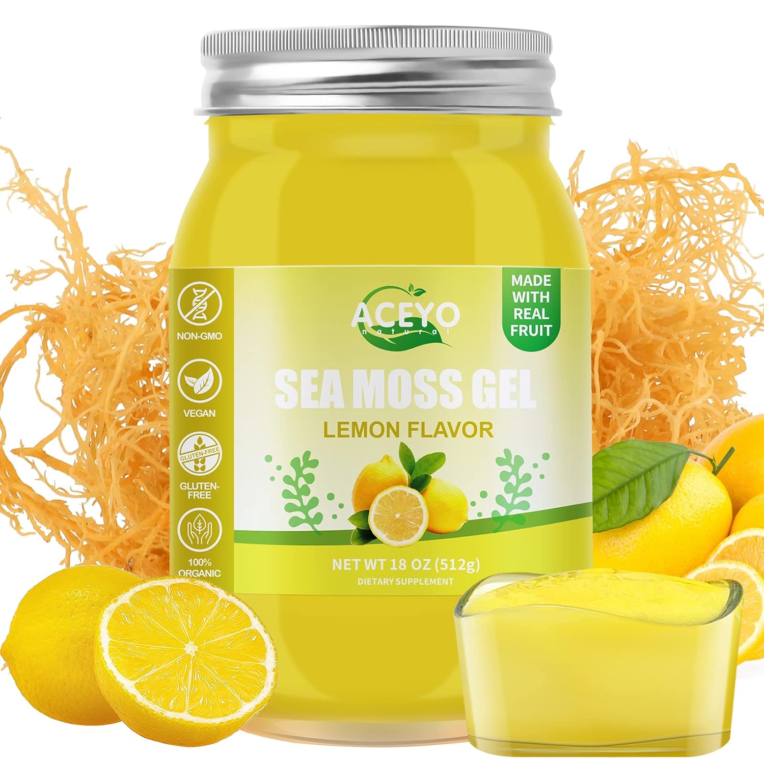 Organic Raw Vegan Lemon Flavored Irish Sea Moss Gel (18 oz) - Rich in 102 Vitamins & Minerals - Non-GMO & Wild Harvested - Immune Defense & Digestive Support - Thyroid Health