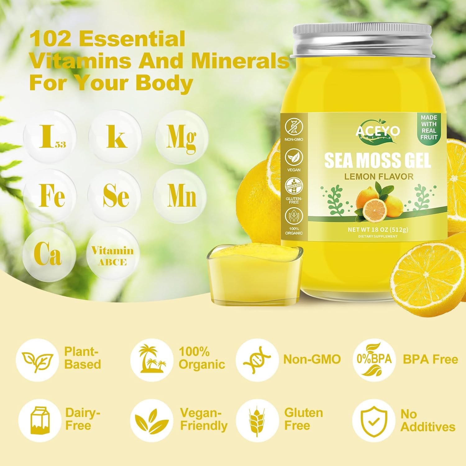 Organic Raw Vegan Lemon Flavored Irish Sea Moss Gel (18 oz) - Rich in 102 Vitamins & Minerals - Non-GMO & Wild Harvested - Immune Defense & Digestive Support - Thyroid Health