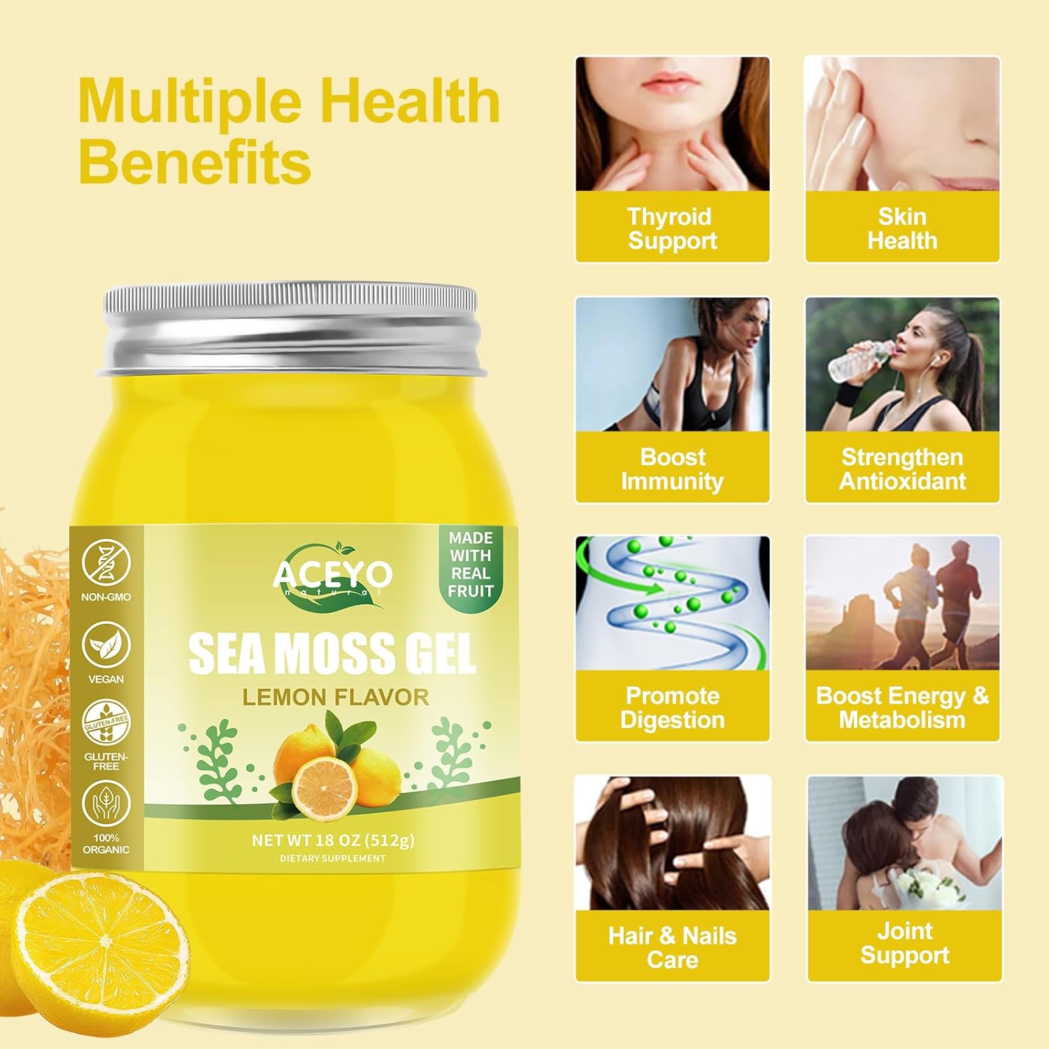 Organic Raw Vegan Lemon Flavored Irish Sea Moss Gel (18 oz) - Rich in 102 Vitamins & Minerals - Non-GMO & Wild Harvested - Immune Defense & Digestive Support - Thyroid Health