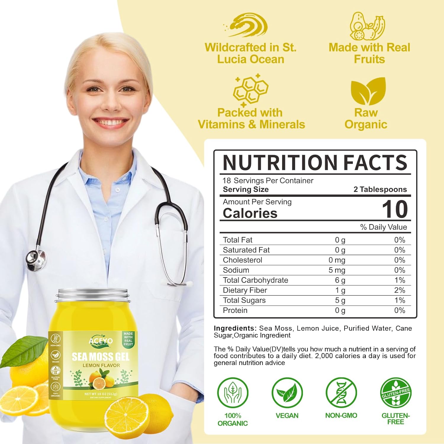 Organic Raw Vegan Lemon Flavored Irish Sea Moss Gel (18 oz) - Rich in 102 Vitamins & Minerals - Non-GMO & Wild Harvested - Immune Defense & Digestive Support - Thyroid Health