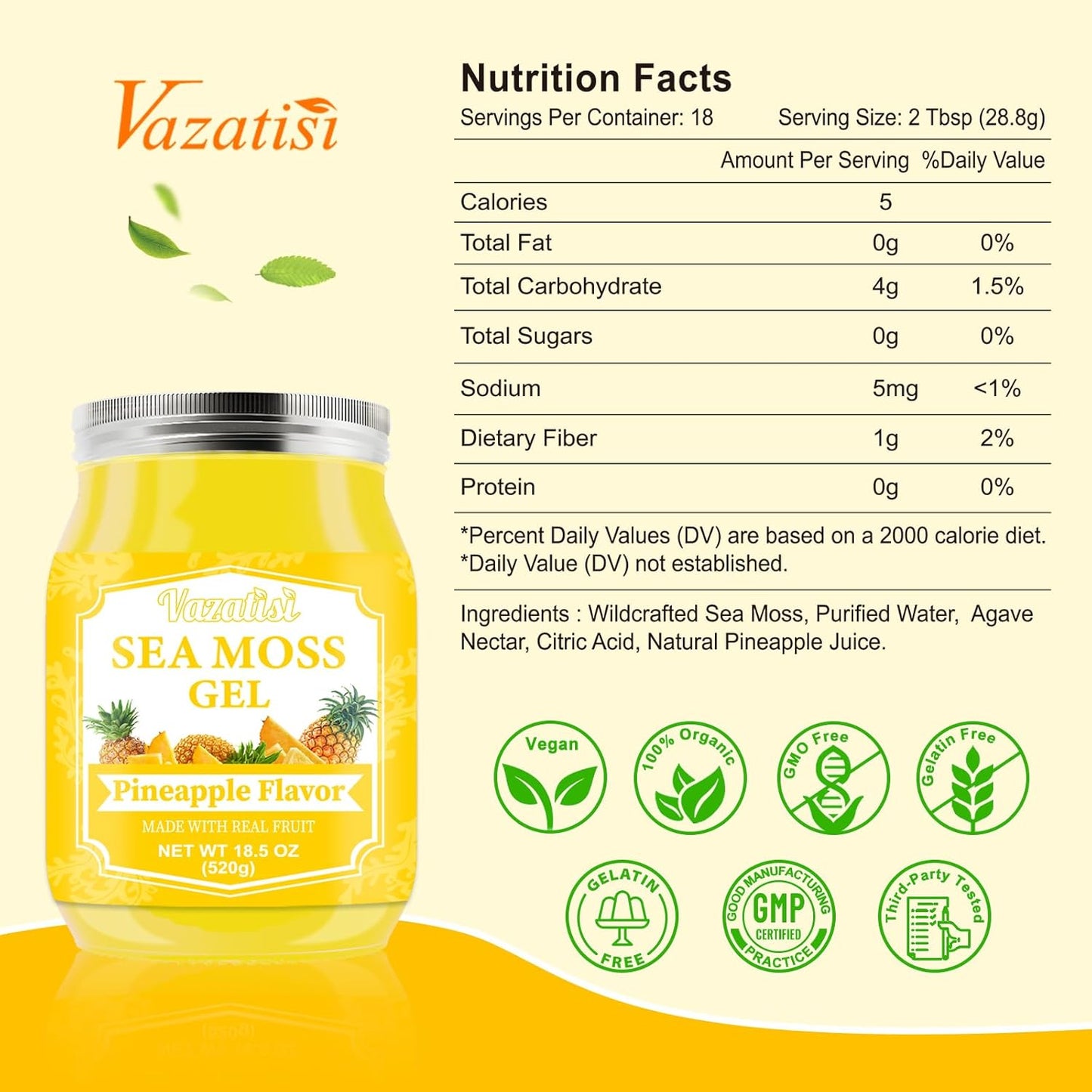 Organic Raw Vegan Pineapple Sea Moss Gel - 18.5 OZ - Hair, Skin, Thyroid & Immune Support - Wildcrafted Irish Sea Moss - Superfood Rich in 102 Vitamins & Minerals