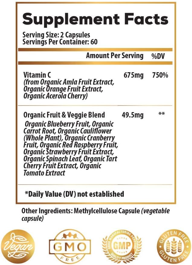 Organic Raw Whole Food Vitamin C Complex with Bioflavanoids - 60 Servings, No Synthetic Ascorbic Acid