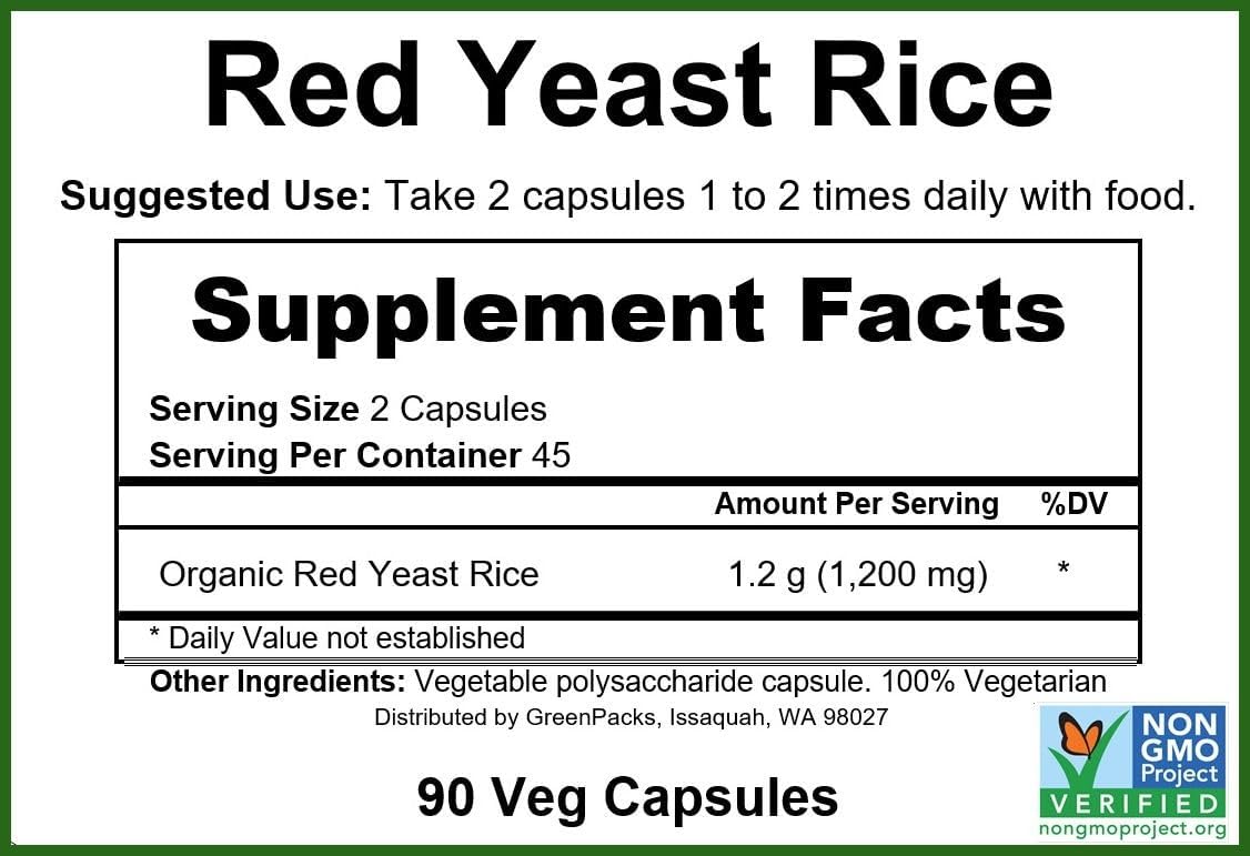 Organic Red Yeast Rice Supplement - 1200 mg per Serving - GreenPacks® - 90 Capsules
