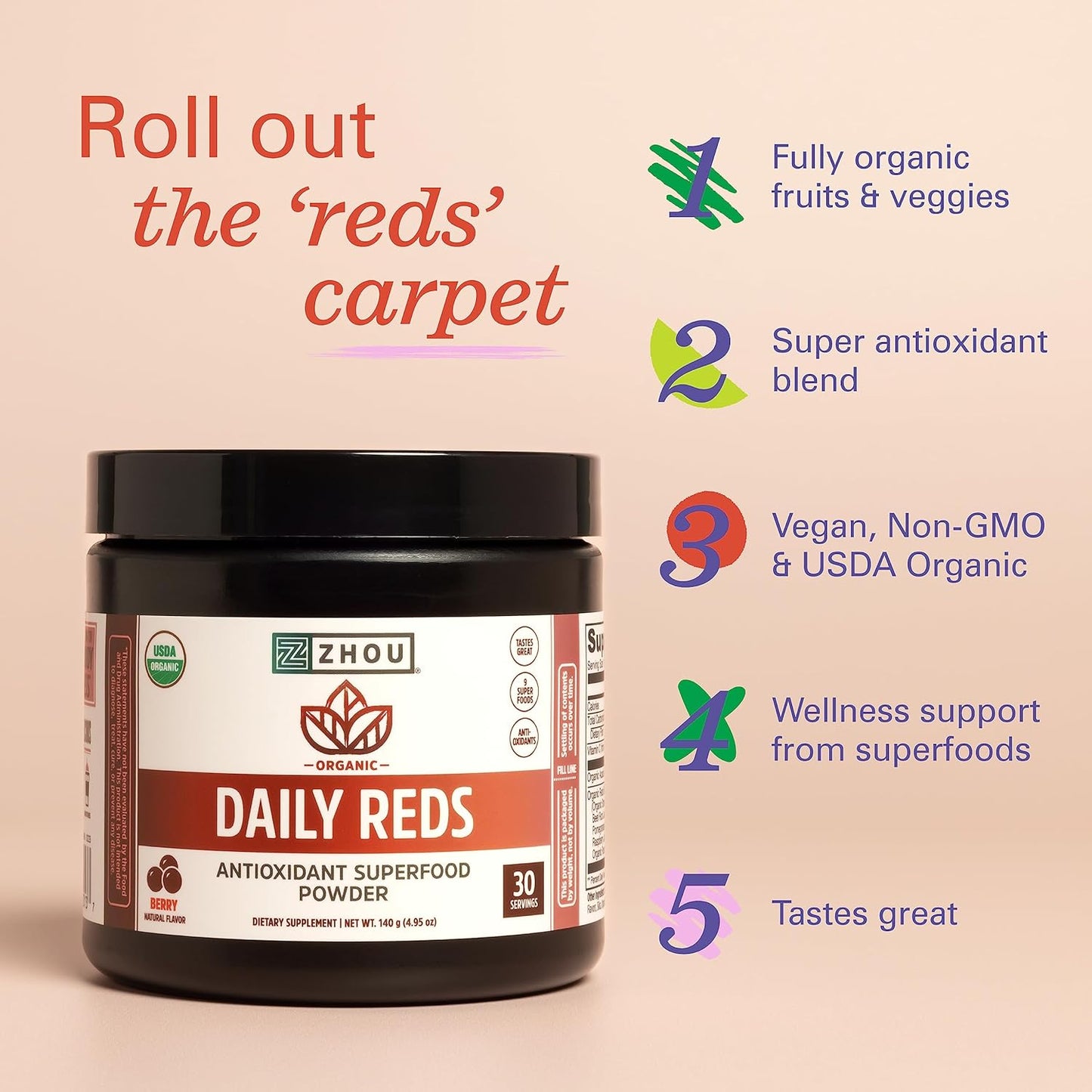 Organic Reds Antioxidant Superfood Powder with Vitamin C, Tart Cherry, Beetroot, Cranberry, Goji Berry - Immune Support, Non-GMO, Vegan - 30 Servings