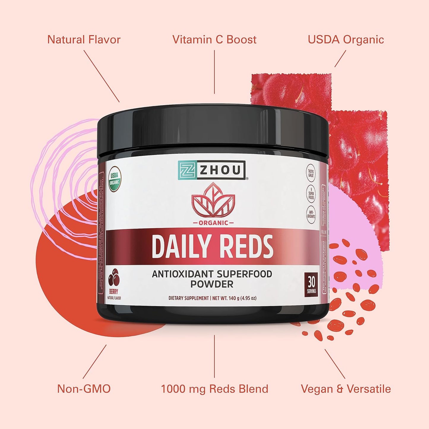 Organic Reds Antioxidant Superfood Powder with Vitamin C, Tart Cherry, Beetroot, Cranberry, Goji Berry - Immune Support, Non-GMO, Vegan - 30 Servings