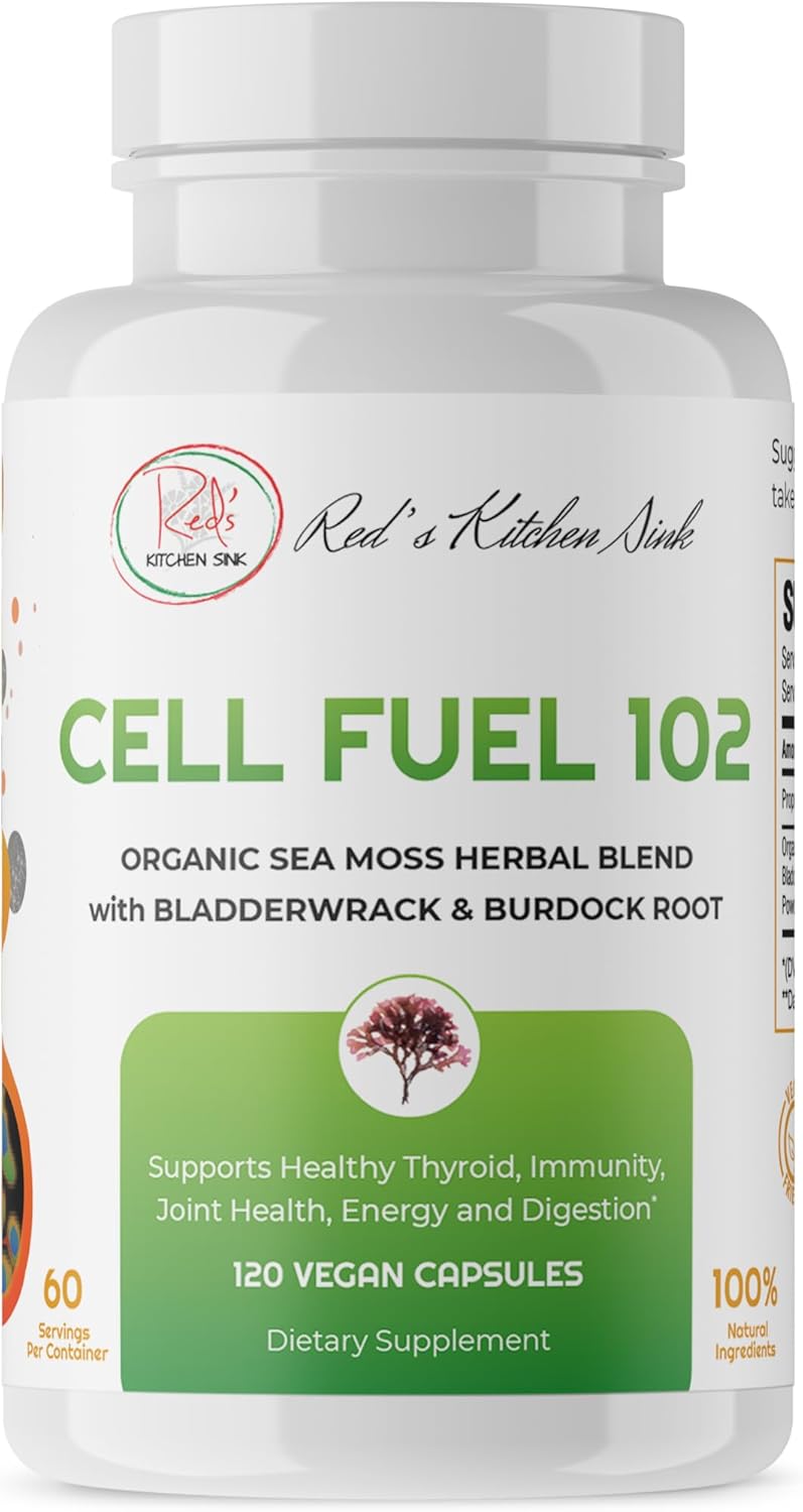 Organic Red's Kitchen Sink Cell Fuel 102 Sea Moss Capsules with Irish Sea Moss, Bladderwrack, and Burdock Root - 120 Pills per Jar, 60 Servings
