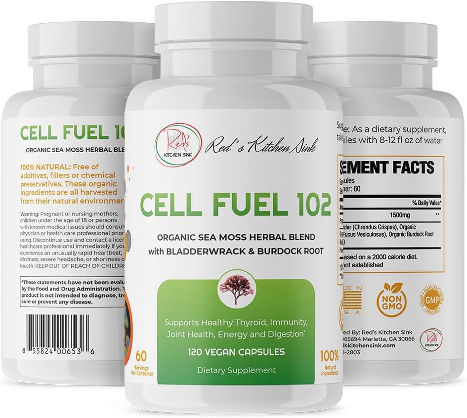 Organic Red's Kitchen Sink Cell Fuel 102 Sea Moss Capsules with Irish Sea Moss, Bladderwrack, and Burdock Root - 120 Pills per Jar, 60 Servings