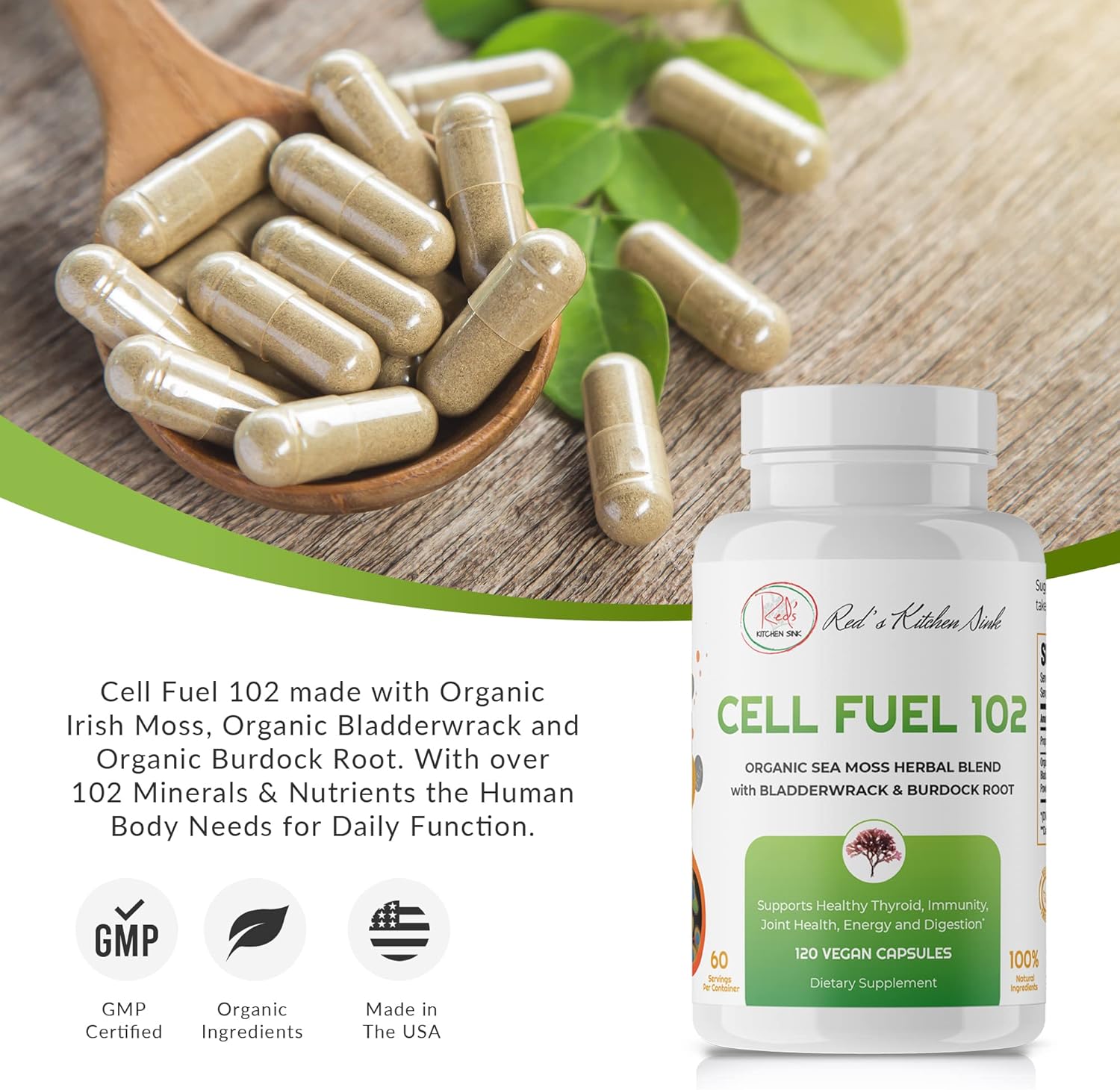 Organic Red's Kitchen Sink Cell Fuel 102 Sea Moss Capsules with Irish Sea Moss, Bladderwrack, and Burdock Root - 120 Pills per Jar, 60 Servings