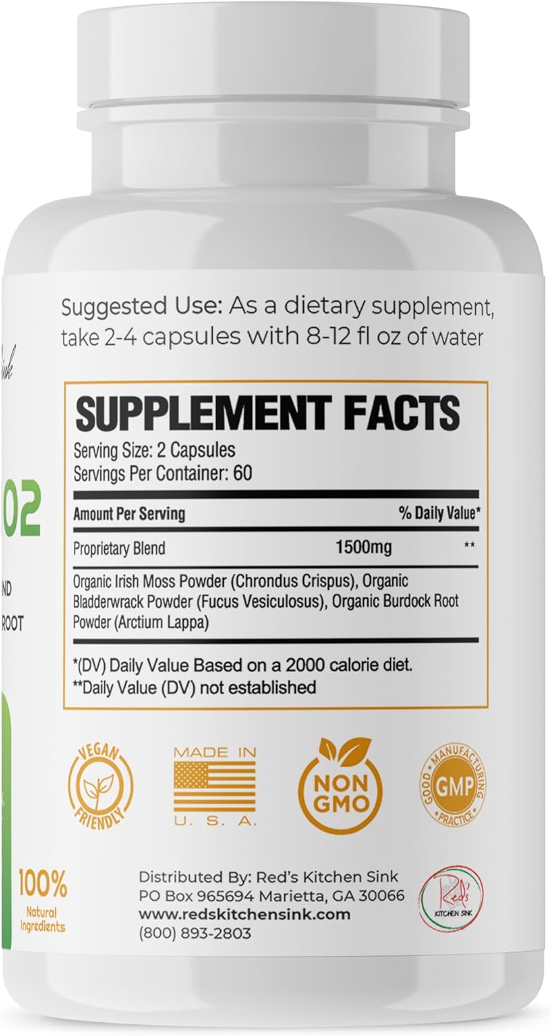 Organic Red's Kitchen Sink Cell Fuel 102 Sea Moss Capsules with Irish Sea Moss, Bladderwrack, and Burdock Root - 120 Pills per Jar, 60 Servings