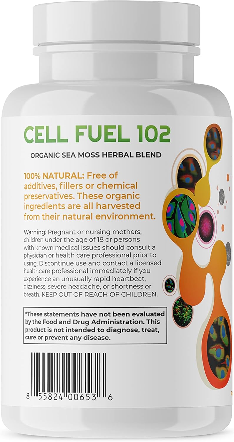 Organic Red's Kitchen Sink Cell Fuel 102 Sea Moss Capsules with Irish Sea Moss, Bladderwrack, and Burdock Root - 120 Pills per Jar, 60 Servings