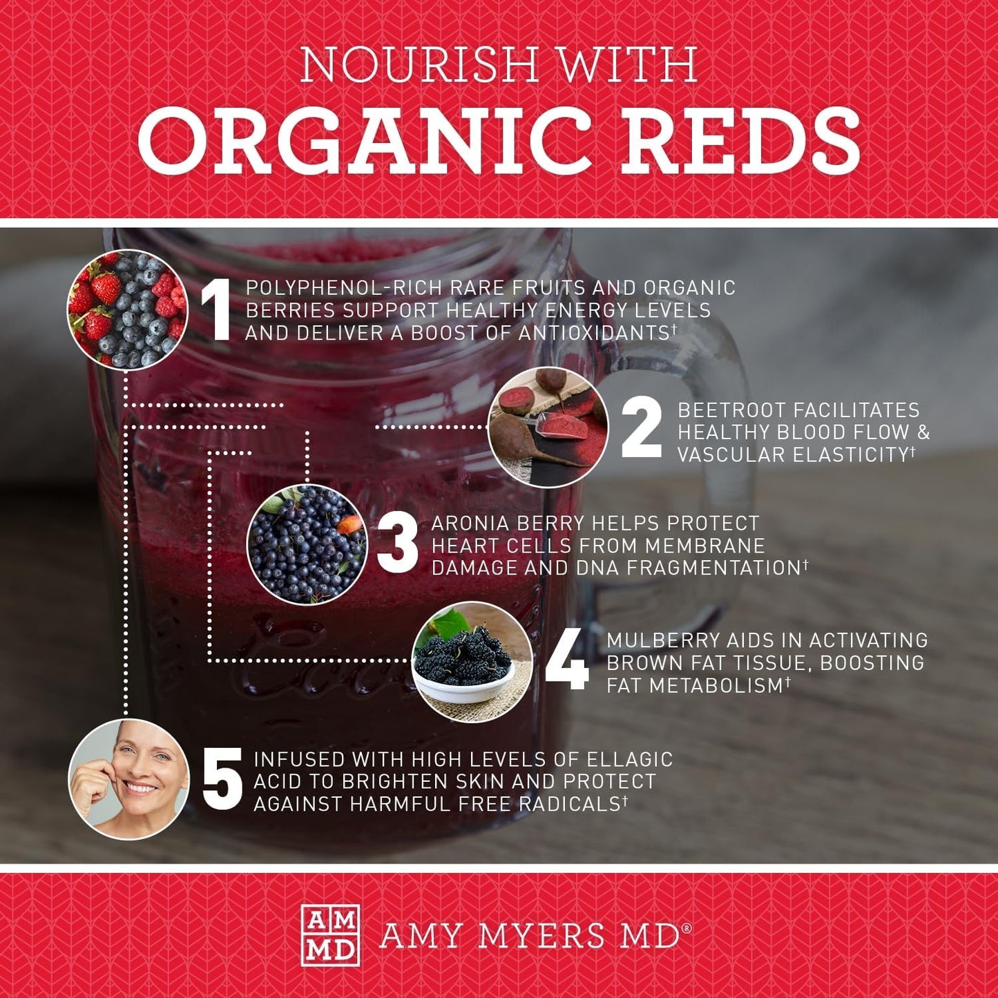 Organic Reds Superfood Powder with 13 USDA Certified Ingredients - Amy Myers MD's Best Super Reds Powder - Beet Root, Pomegranate, Raspberry - 30 Servings