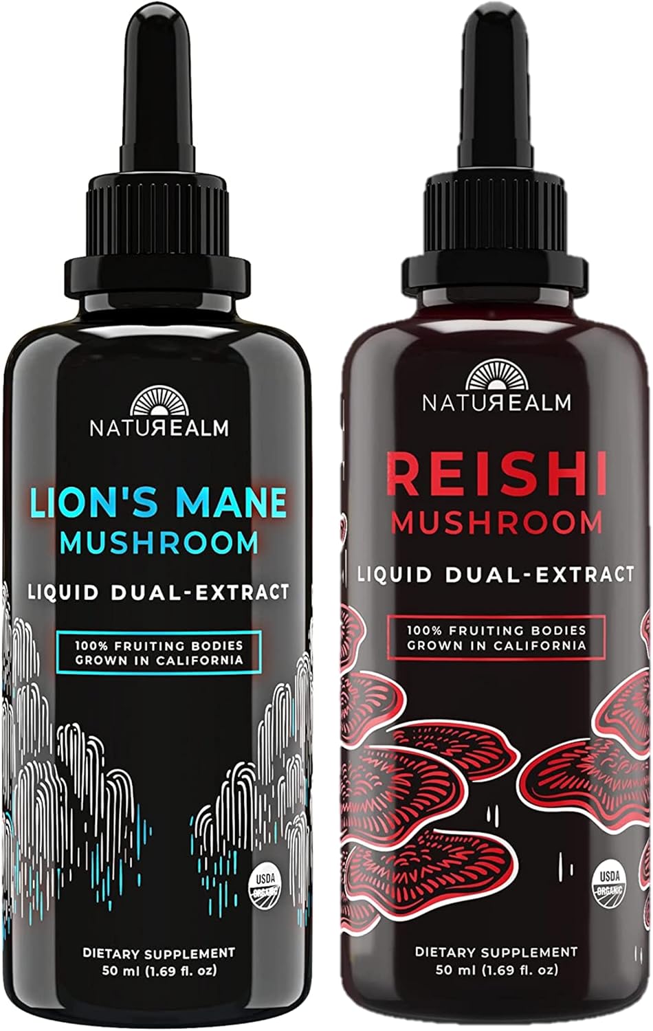 Organic Reishi & Lion’s Mane Mushroom Extract - Adaptogen Stack for Focus, Immunity, Longevity, Gut Health, Energy - Liquid Drops - 50 mL Each (2 Pack)