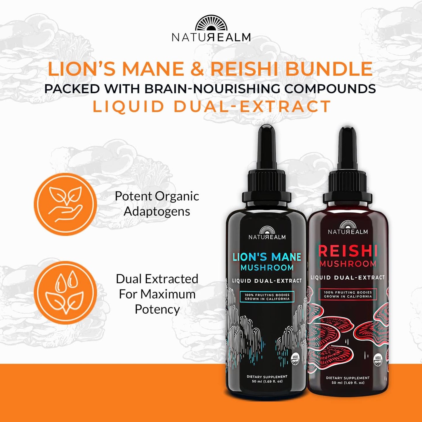 Organic Reishi & Lion’s Mane Mushroom Extract - Adaptogen Stack for Focus, Immunity, Longevity, Gut Health, Energy - Liquid Drops - 50 mL Each (2 Pack)