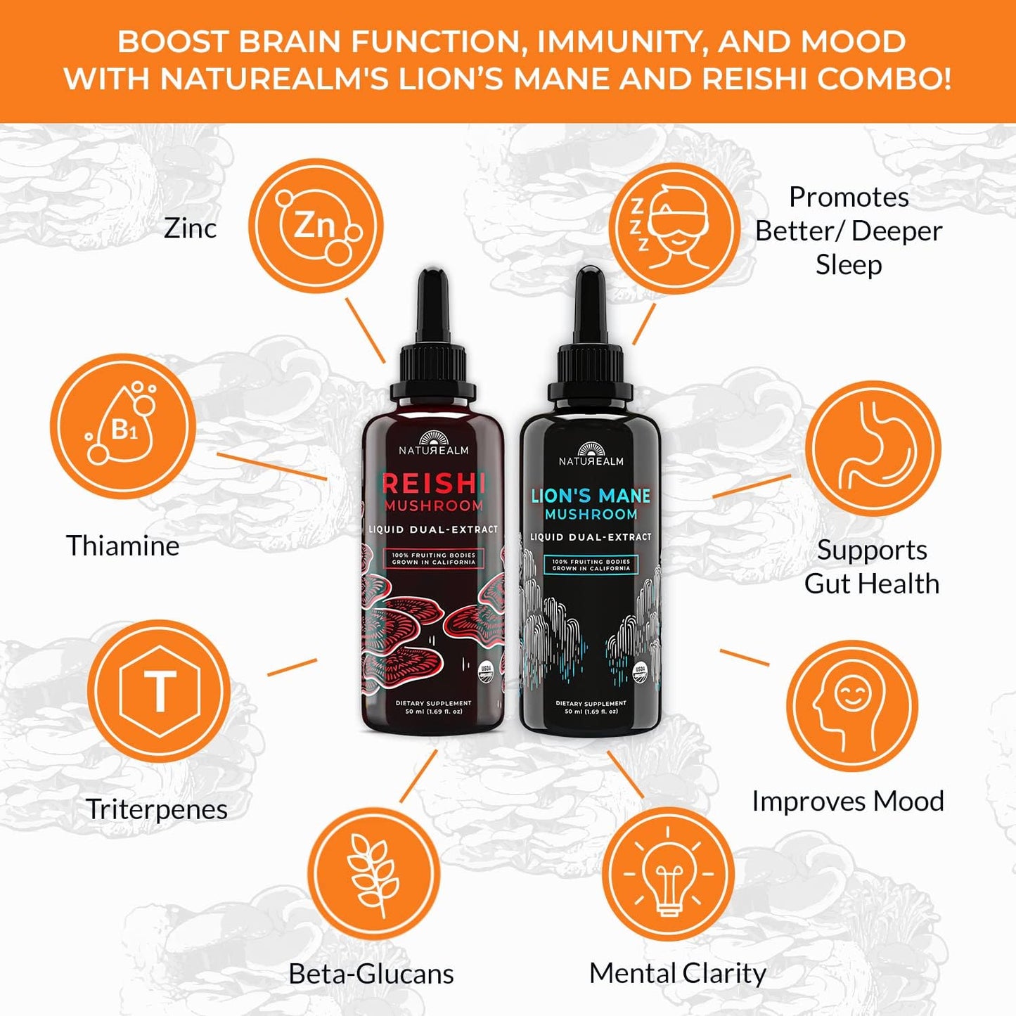 Organic Reishi & Lion’s Mane Mushroom Extract - Adaptogen Stack for Focus, Immunity, Longevity, Gut Health, Energy - Liquid Drops - 50 mL Each (2 Pack)