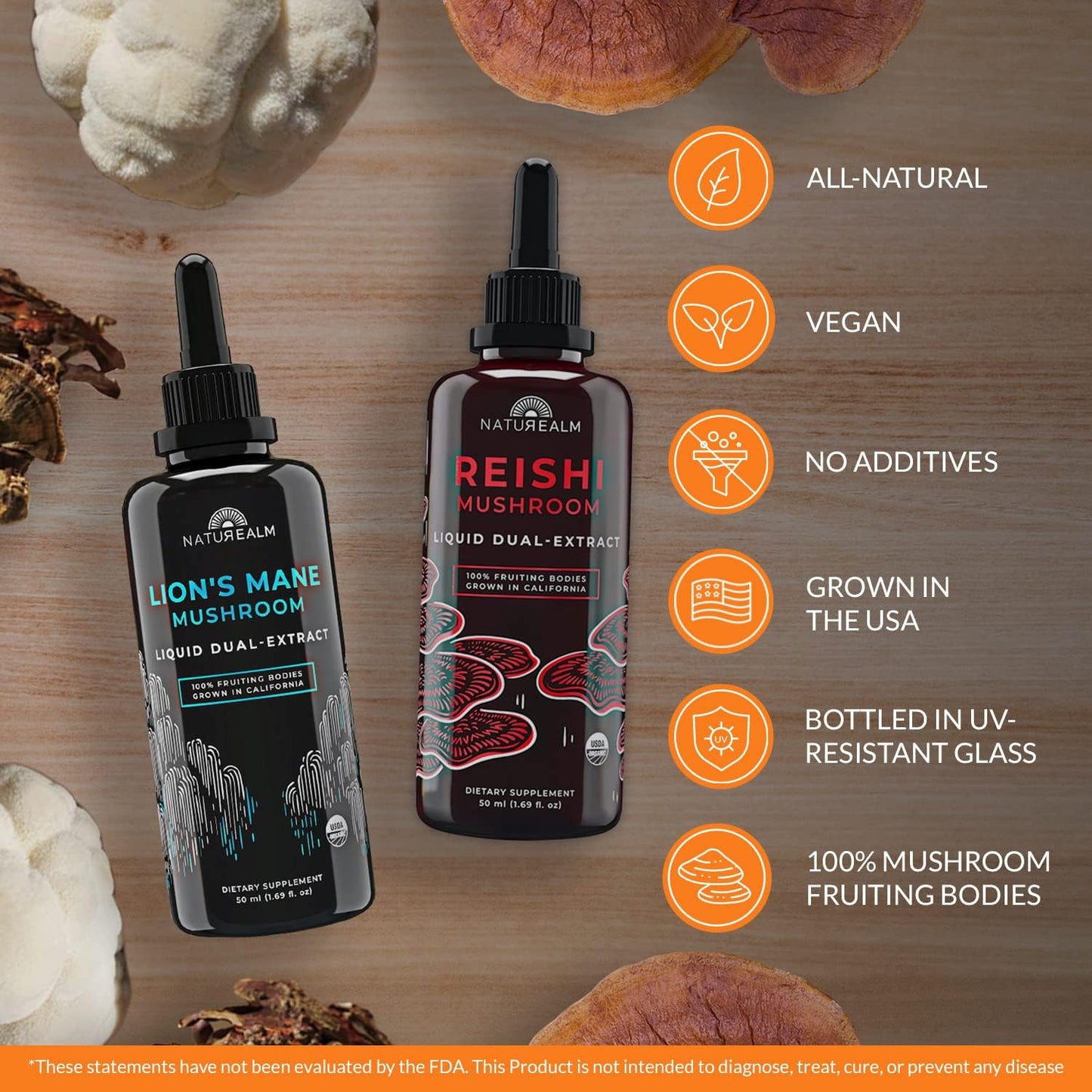 Organic Reishi & Lion’s Mane Mushroom Extract - Adaptogen Stack for Focus, Immunity, Longevity, Gut Health, Energy - Liquid Drops - 50 mL Each (2 Pack)