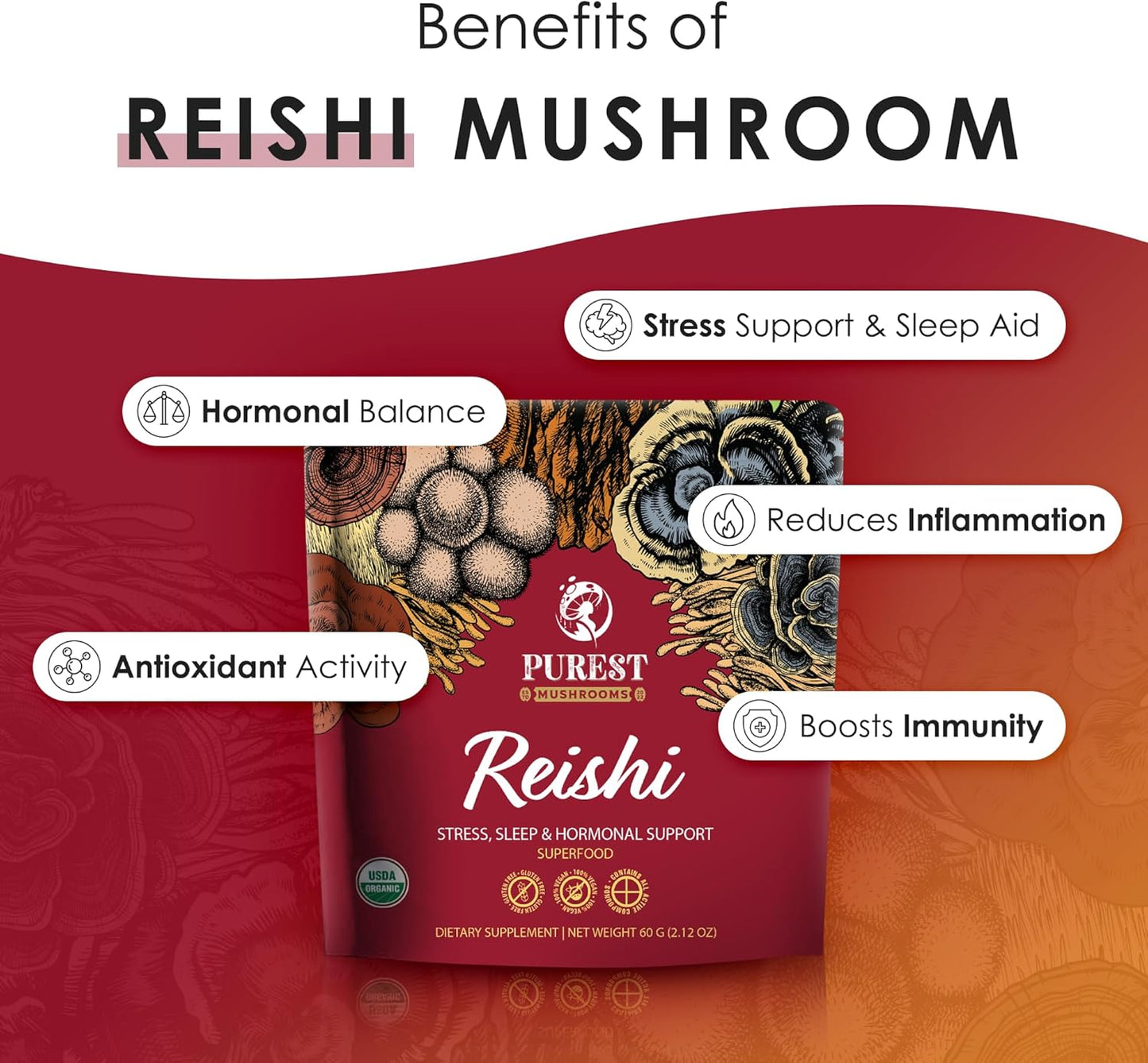 Organic Reishi Mushroom Extract Powder for Immune Support, Stress Relief, Better Sleep - 60g - BoostGo Australia