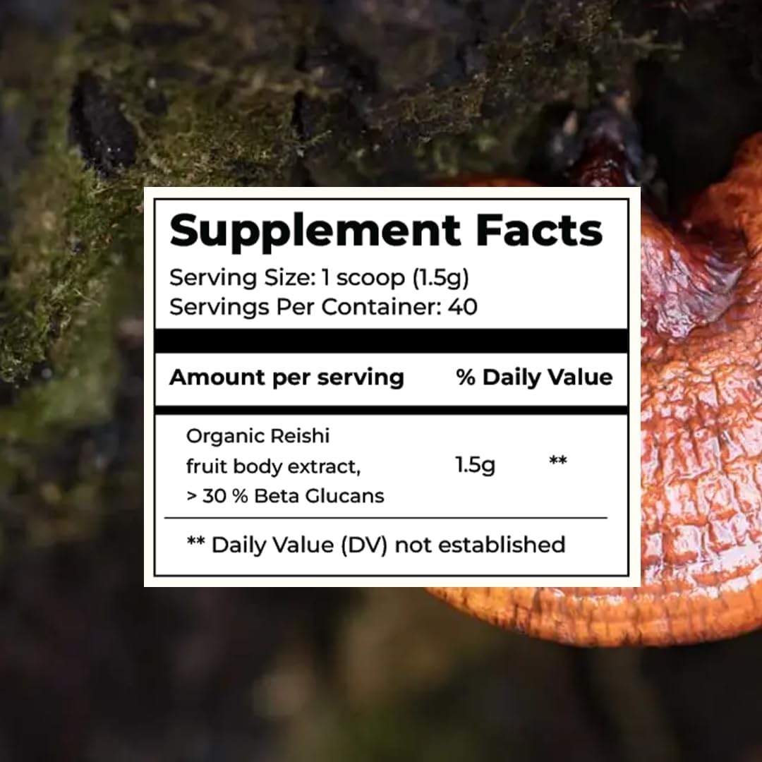 Organic Reishi Mushroom Extract Powder | Supports Heart Health, Stress Relief, Liver Function | High Beta Glucans | USDA Certified (2.11 oz)