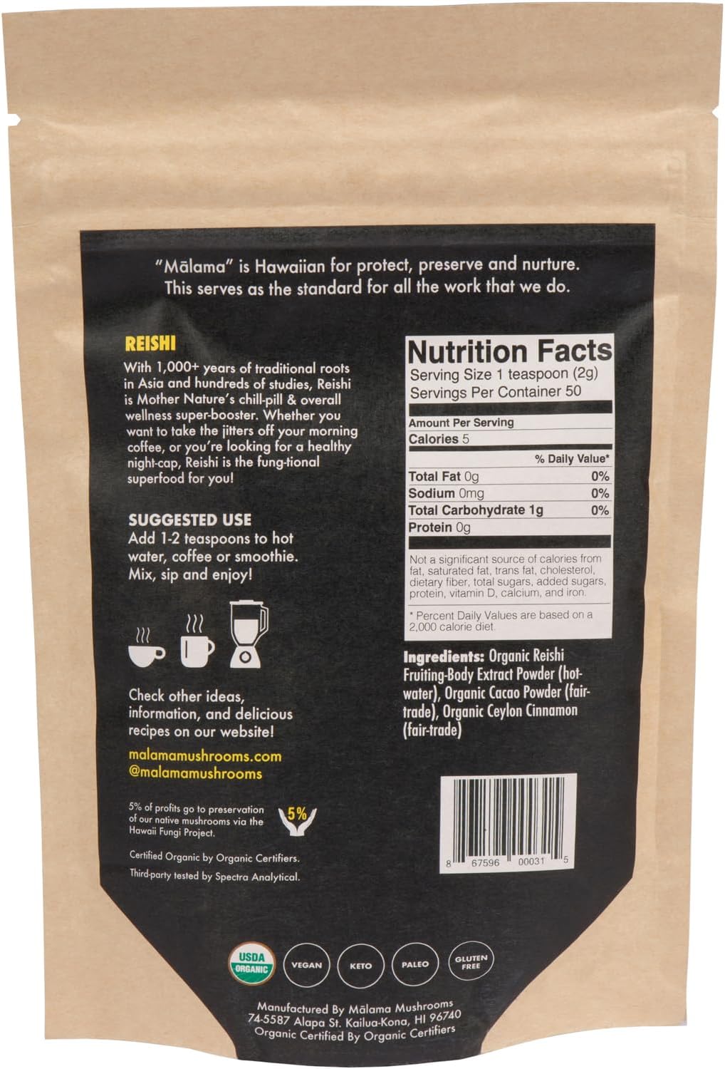 Organic Reishi Mushroom Hot Cacao Mix - Superfood Adaptogenic Unsweetened Powder with Fair Trade Cacao and Cinnamon - 50 Servings by Malama