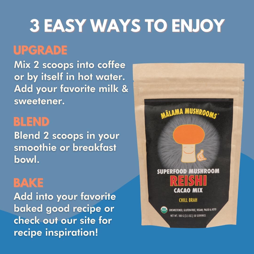 Organic Reishi Mushroom Hot Cacao Mix - Superfood Adaptogenic Unsweetened Powder with Fair Trade Cacao and Cinnamon - 50 Servings by Malama