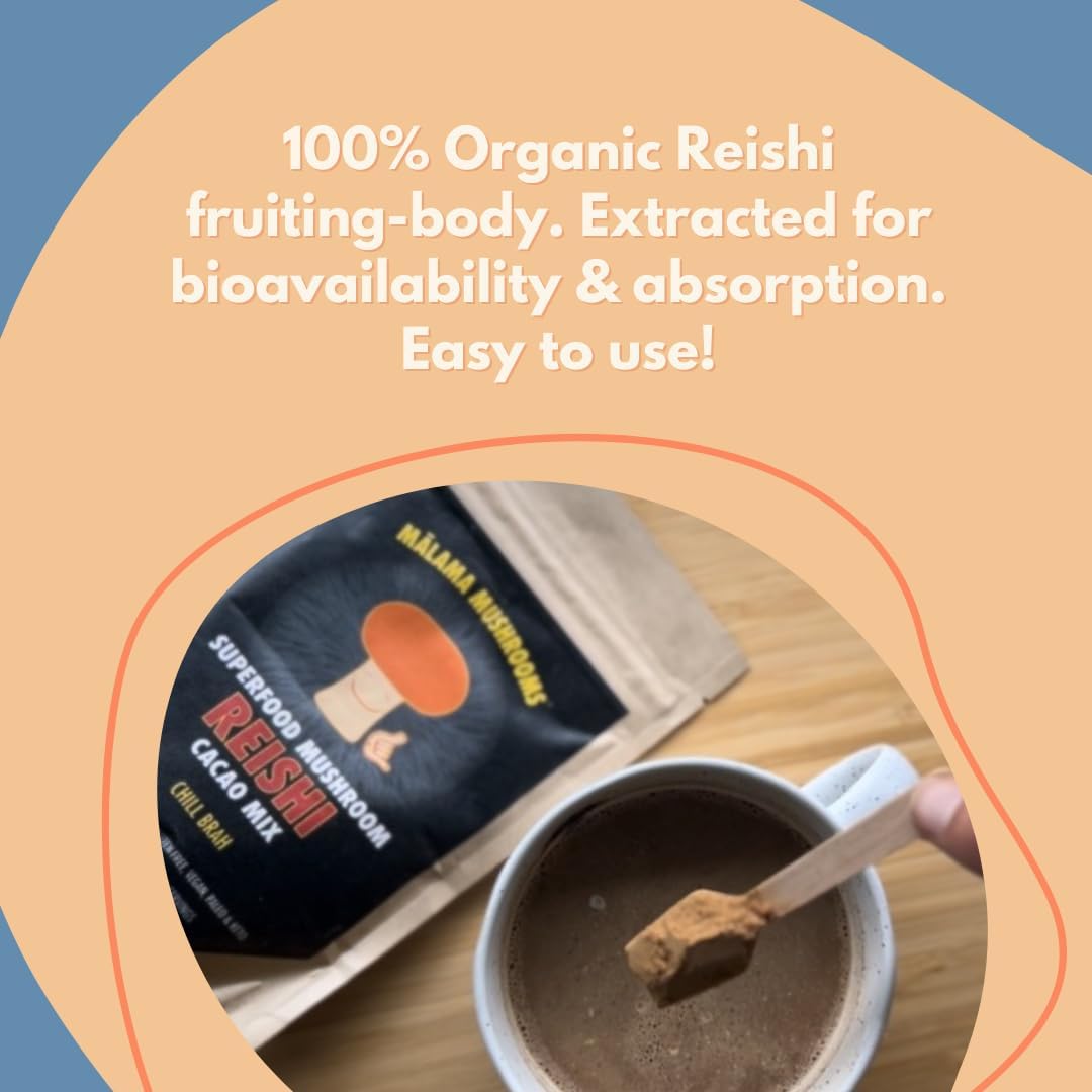 Organic Reishi Mushroom Hot Cacao Mix - Superfood Adaptogenic Unsweetened Powder with Fair Trade Cacao and Cinnamon - 50 Servings by Malama