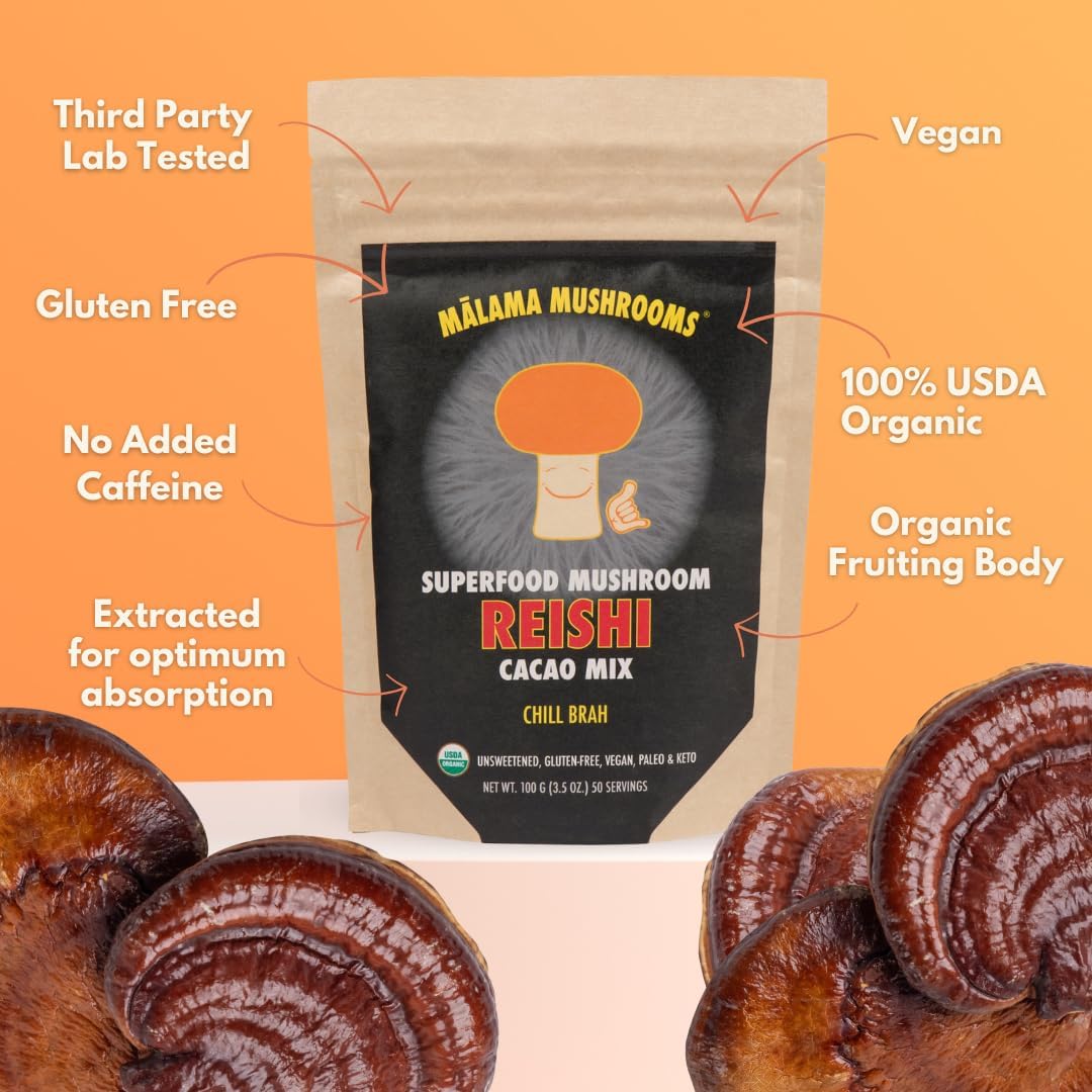 Organic Reishi Mushroom Hot Cacao Mix - Superfood Adaptogenic Unsweetened Powder with Fair Trade Cacao and Cinnamon - 50 Servings by Malama