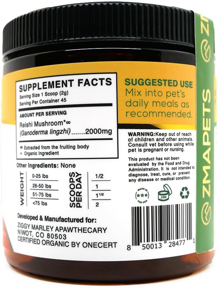Organic Reishi Mushroom Powder for Pets - Supports Liver, Kidney & Heart - 90g Fruiting Body Extract - Ziggy Marley's ZMA PETS