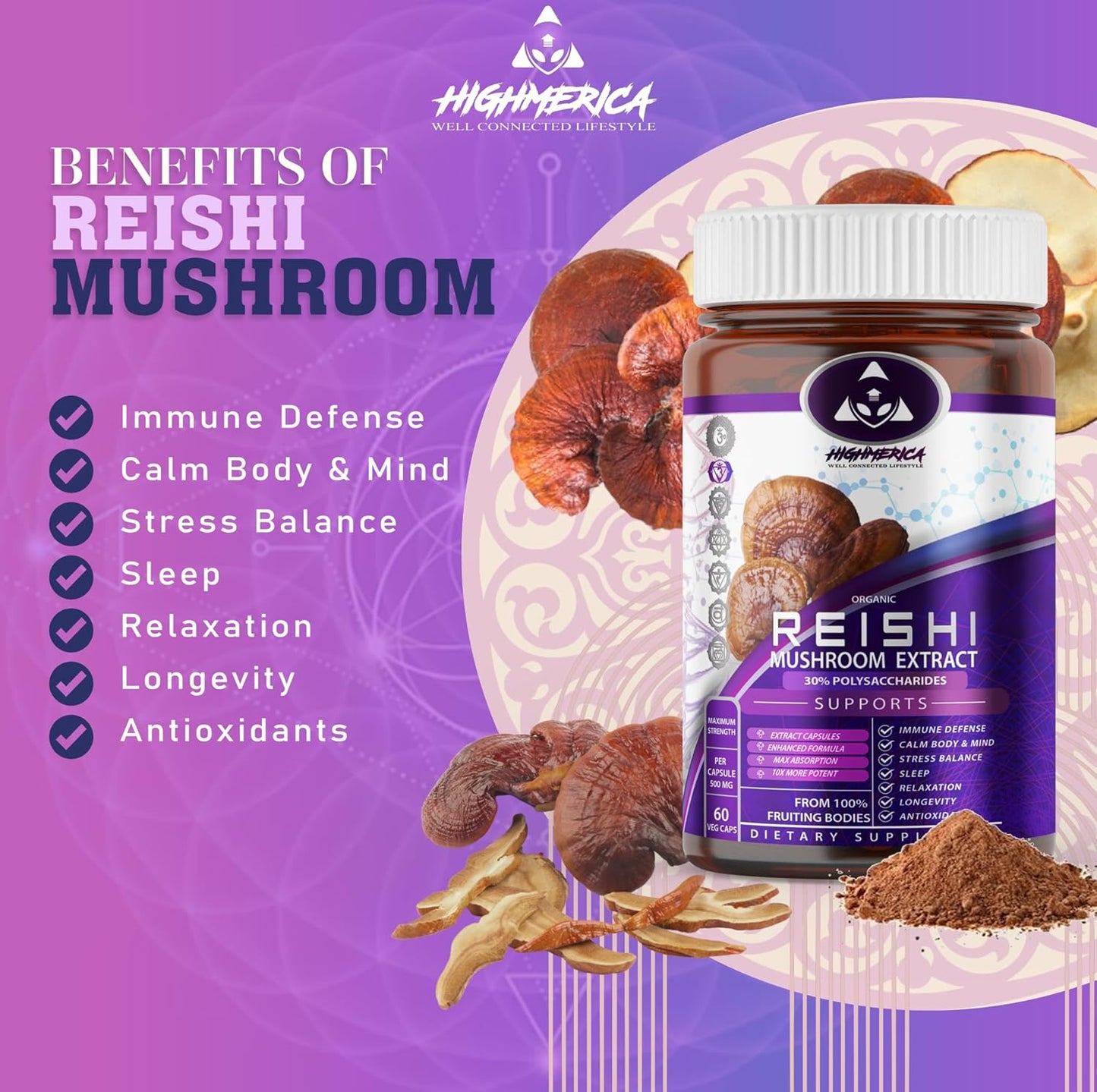 Organic Reishi Mushroom Supplement - 60 Capsules for Immune Support and Stress Relief by HIGHMERICA
