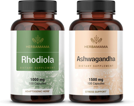 Organic Rhodiola Rosea and Ashwagandha Capsule Bundle - 1000mg Rhodiola Rosea & 1500mg Ashwagandha - Vegan, Non-GMO - 2 Pack