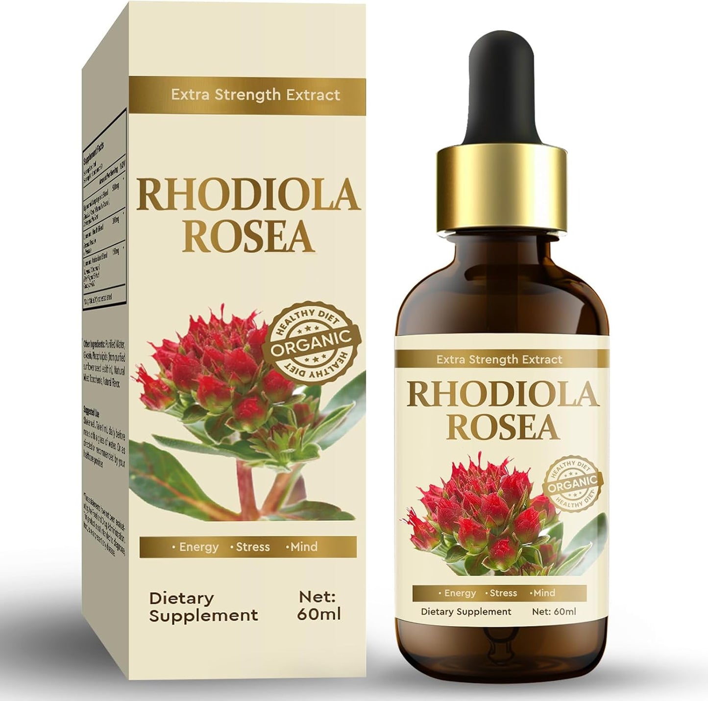 Organic Rhodiola Rosea Extract Tincture for Energy, Stress, Mood - Vegan Supplement 60ml