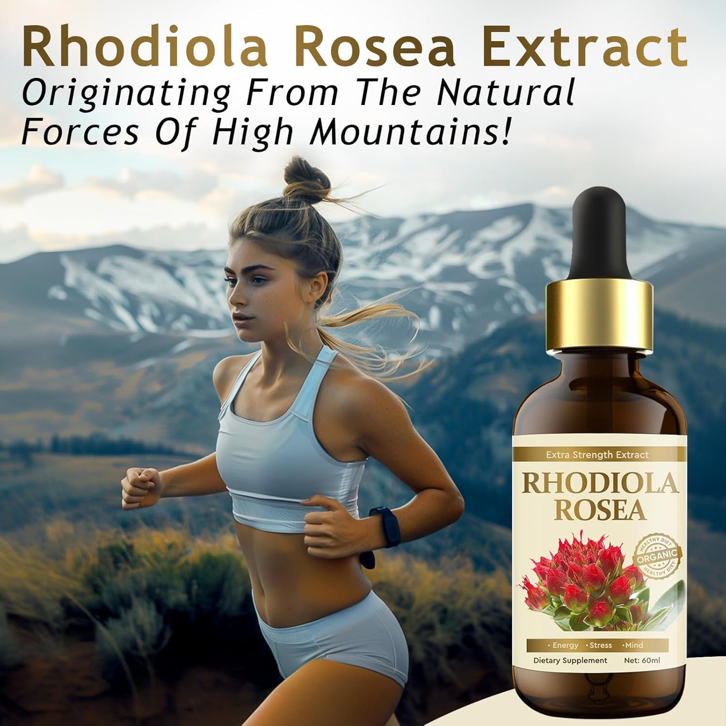 Organic Rhodiola Rosea Extract Tincture for Energy, Stress, Mood - Vegan Supplement 60ml
