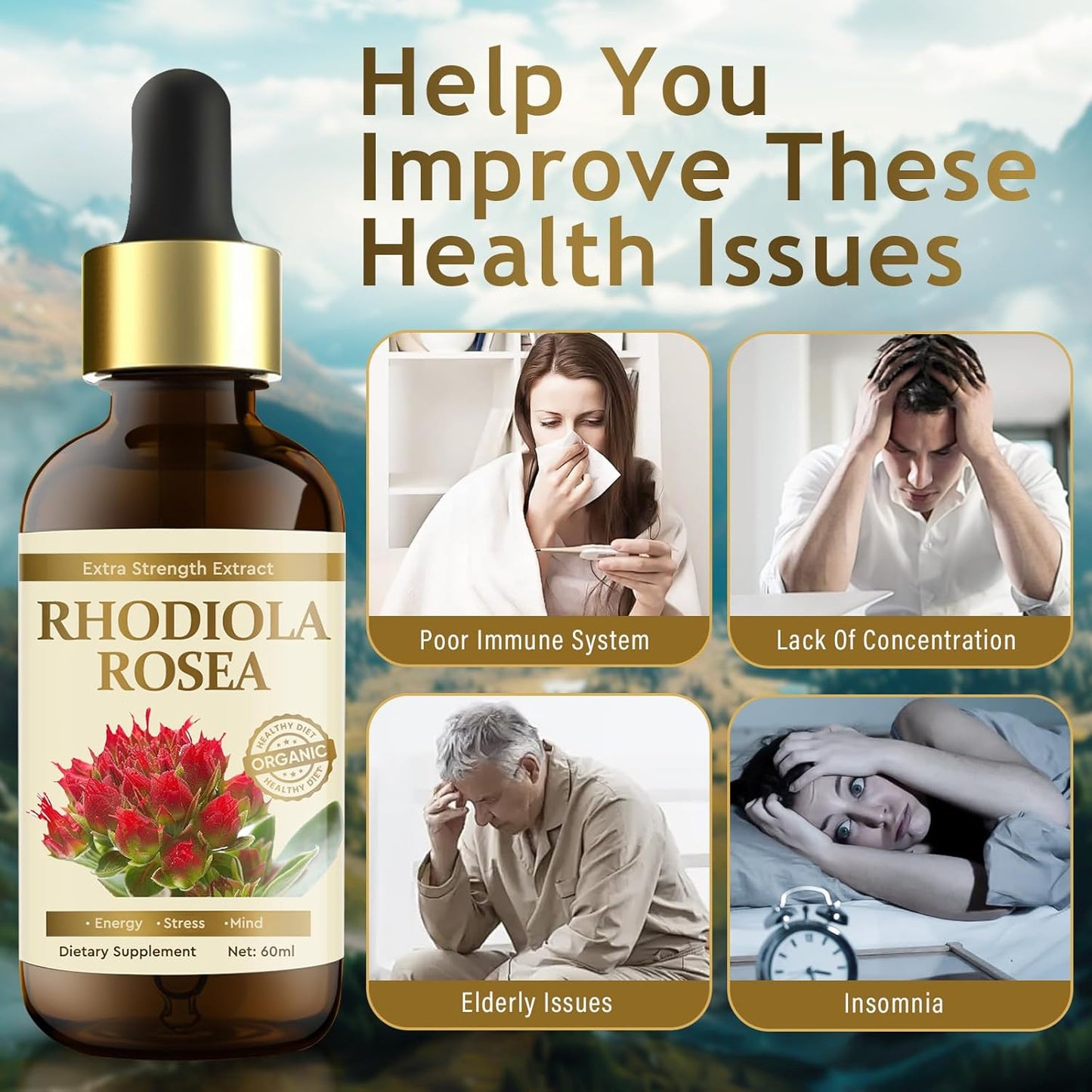 Organic Rhodiola Rosea Extract Tincture for Energy, Stress, Mood - Vegan Supplement 60ml
