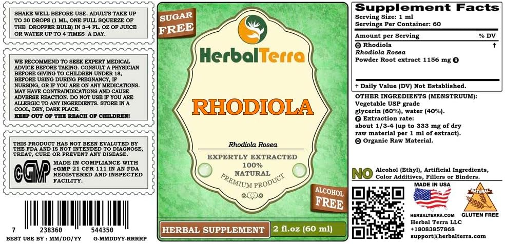 Organic Rhodiola Rosea Glycerite Liquid Extract - 2 oz Alcohol-Free by Herbal Terra LLC