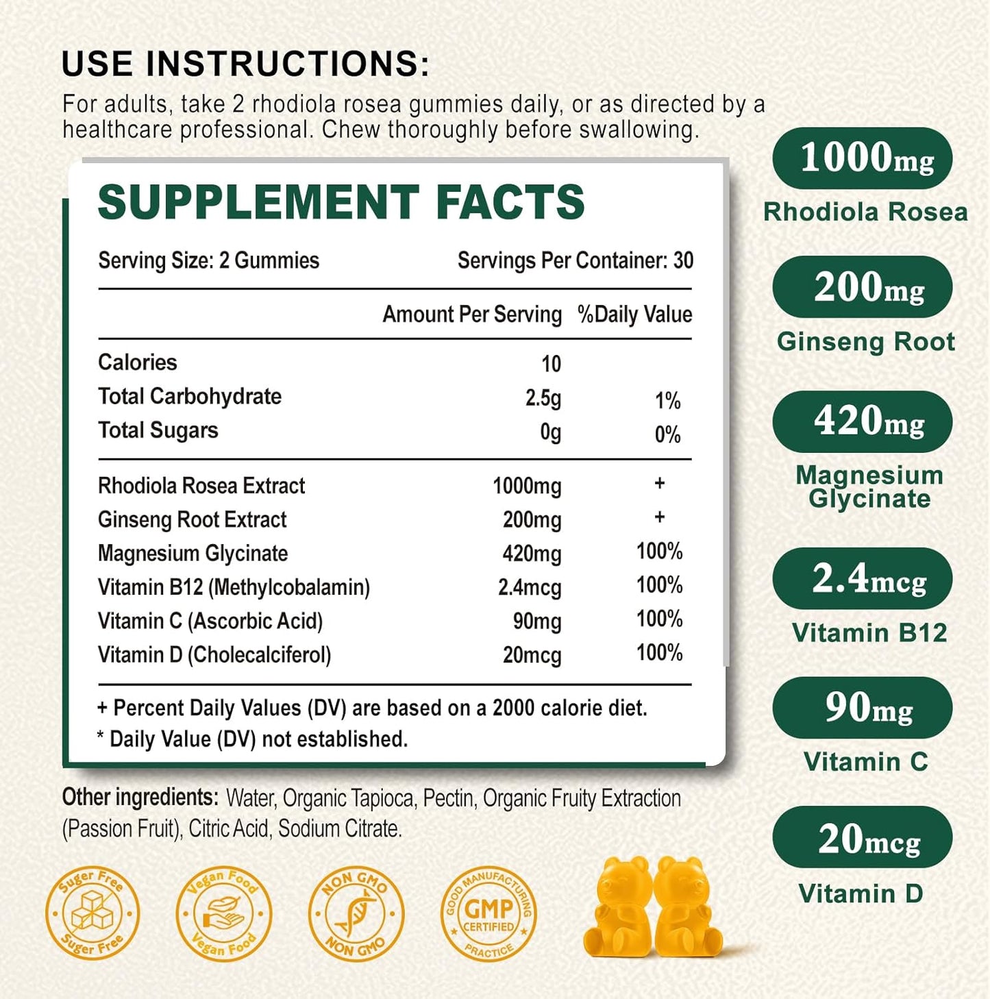 Organic Rhodiola Rosea Gummies 1000mg for Women & Men - Non-GMO, Vegan, Sugar-Free - 60 Count