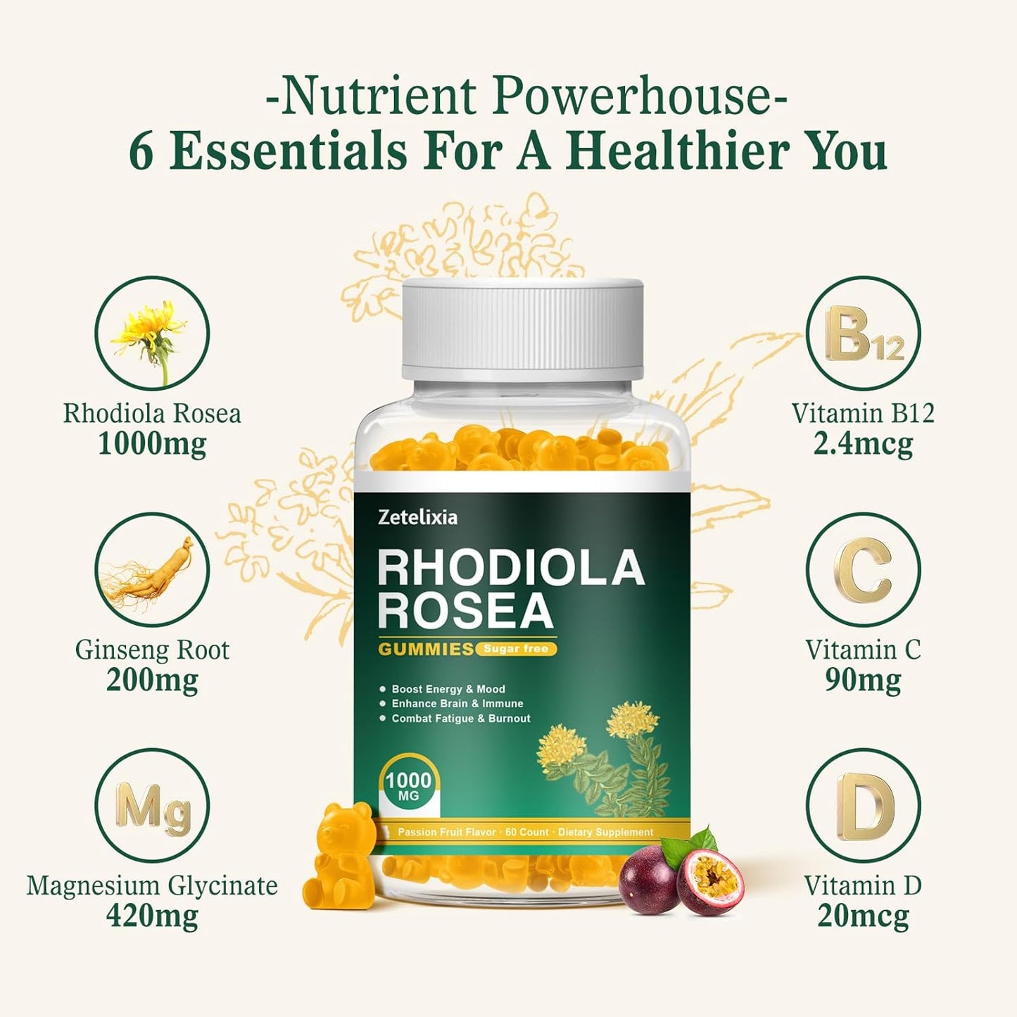 Organic Rhodiola Rosea Gummies 1000mg for Women & Men - Non-GMO, Vegan, Sugar-Free - 60 Count
