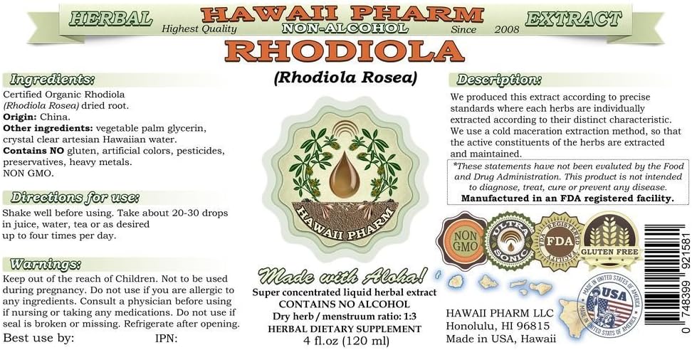 Organic Rhodiola Rosea Liquid Extract - Alcohol-Free Herbal Supplement - 2 fl. oz - Hawaii Pharm USA