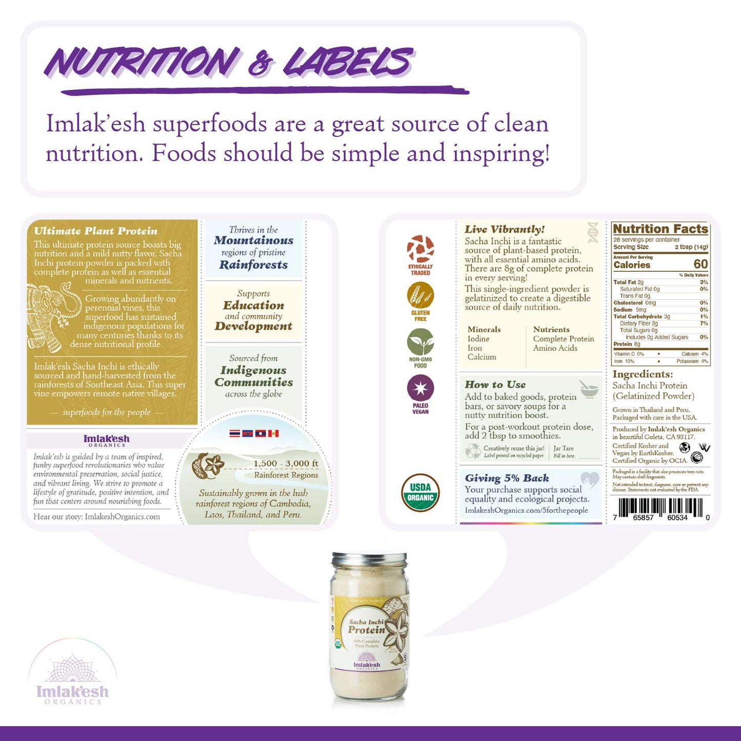 Organic Sacha Inchi Protein Powder - Plant Based Protein for Men and Women - Keto Friendly Low-Carb - Non-GMO, Paleo, Vegan - 14oz Jar