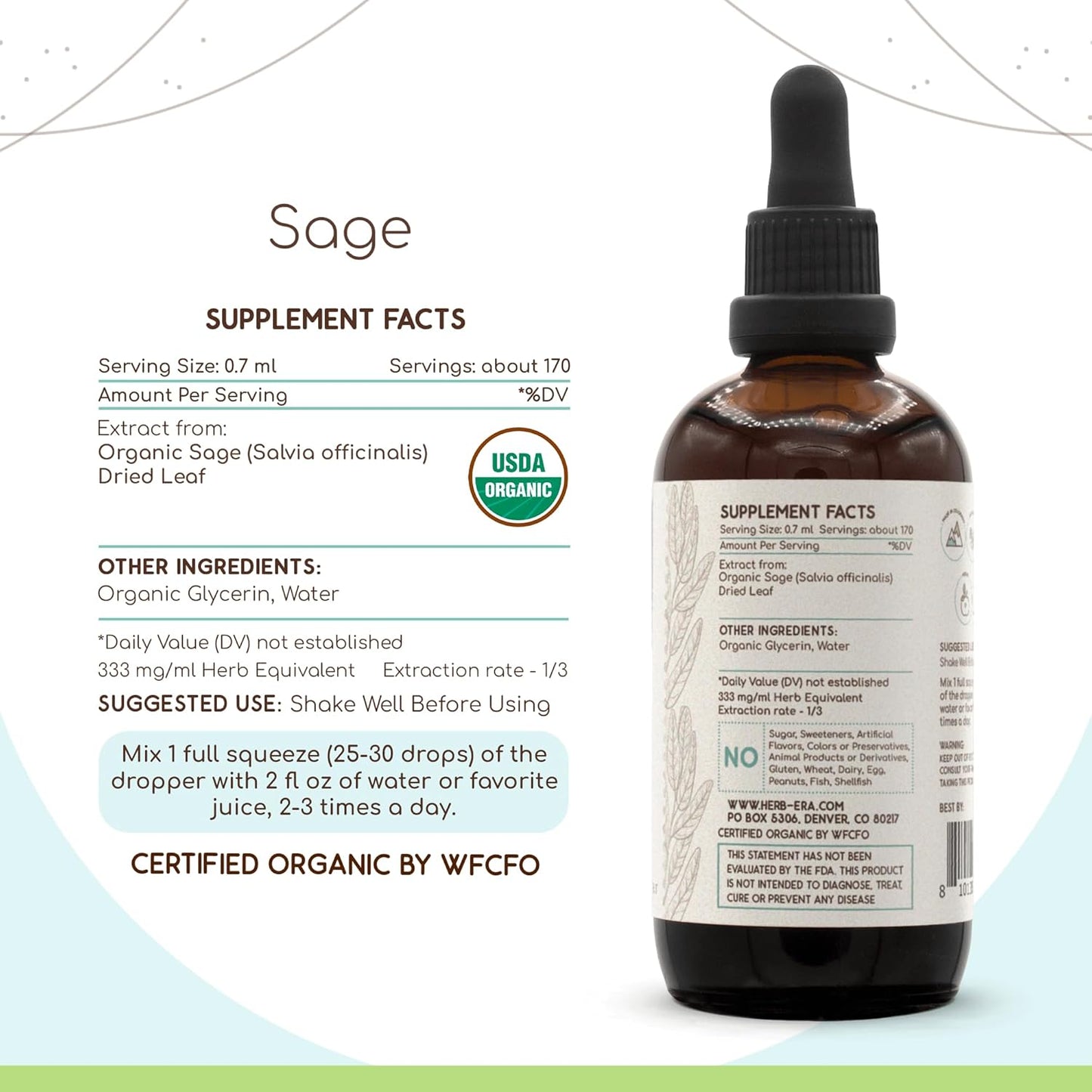 Organic Sage Tincture - Alcohol-Free Herbal Drops - High Potency Extract (4 oz)