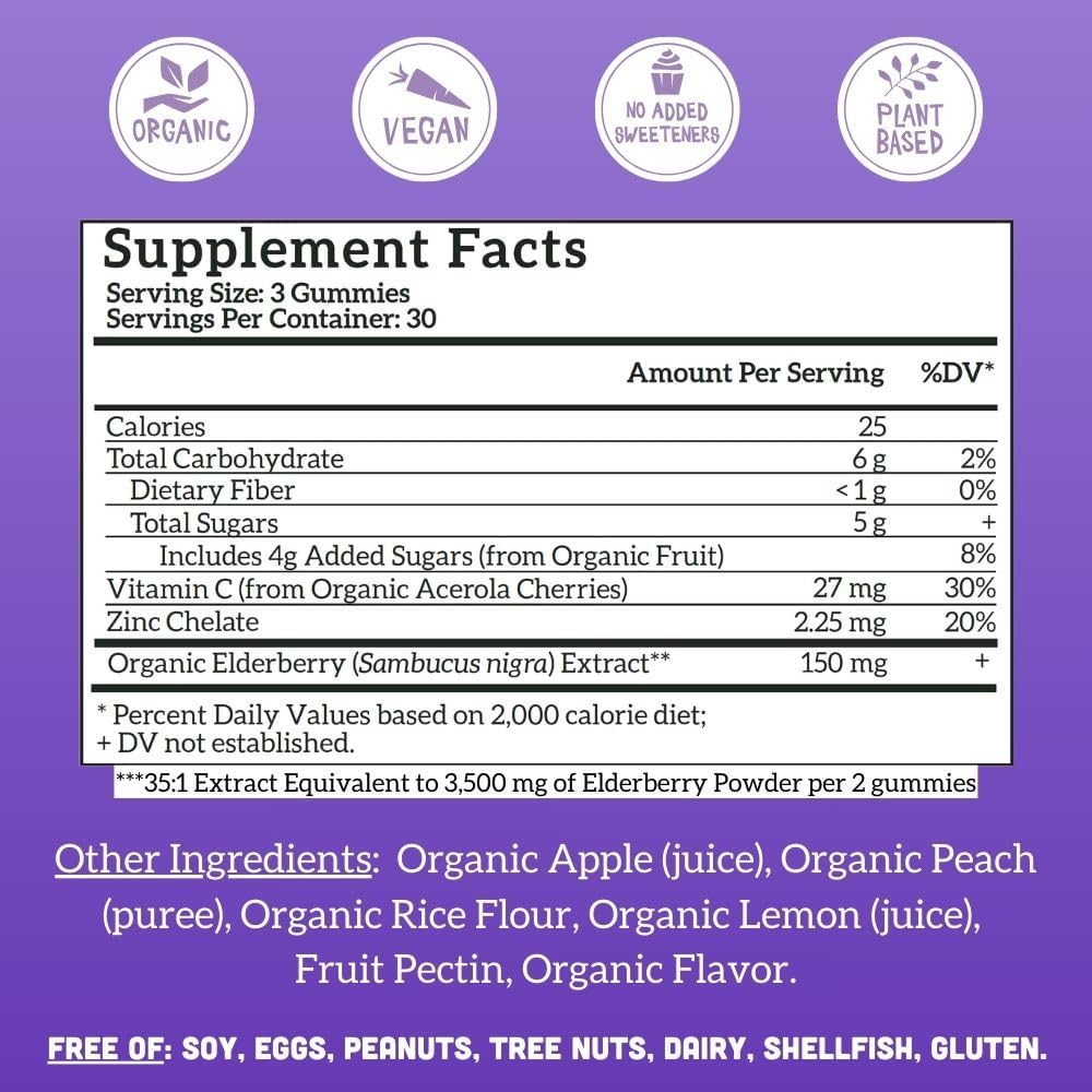 Organic Sambucus Elderberry Gummies for Kids & Adults | Immune Support with Zinc & Vitamin C | Vegan, No Added Sugar | Plant-Based Chewable Gummies for the Whole Family