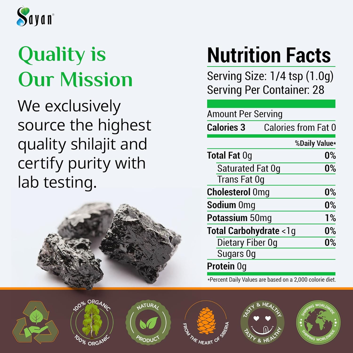 Organic Sayan Shilajit Powder 1oz - Immune System Support, Memory & Focus Booster - Natural Energy Supplement - Vegan & Non-GMO - 5 Months Supply