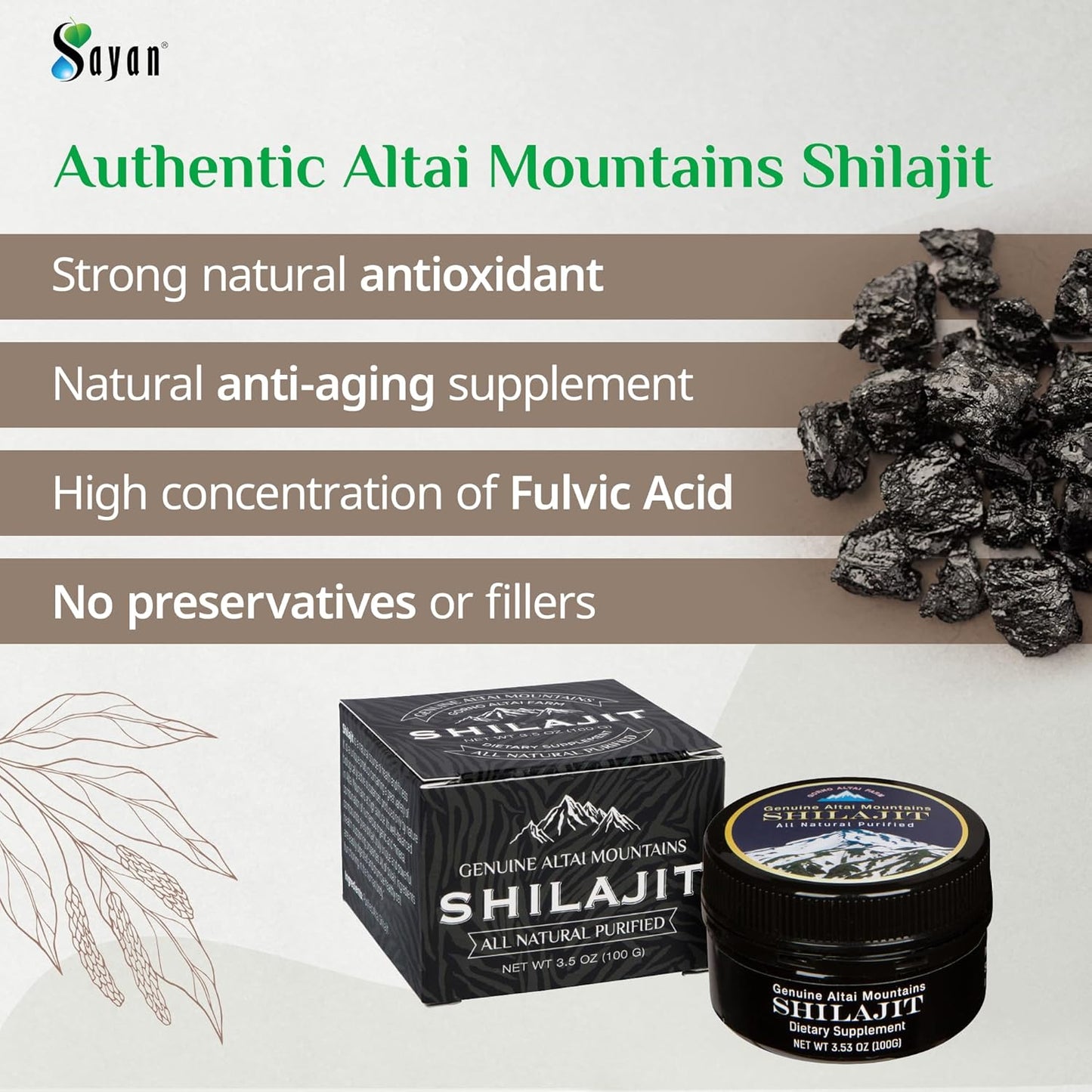Organic Sayan Shilajit Resin 3.5oz/100g - Vegan Fulvic Acid Supplement for Immune System, Memory, Focus, and Energy - Detox Support